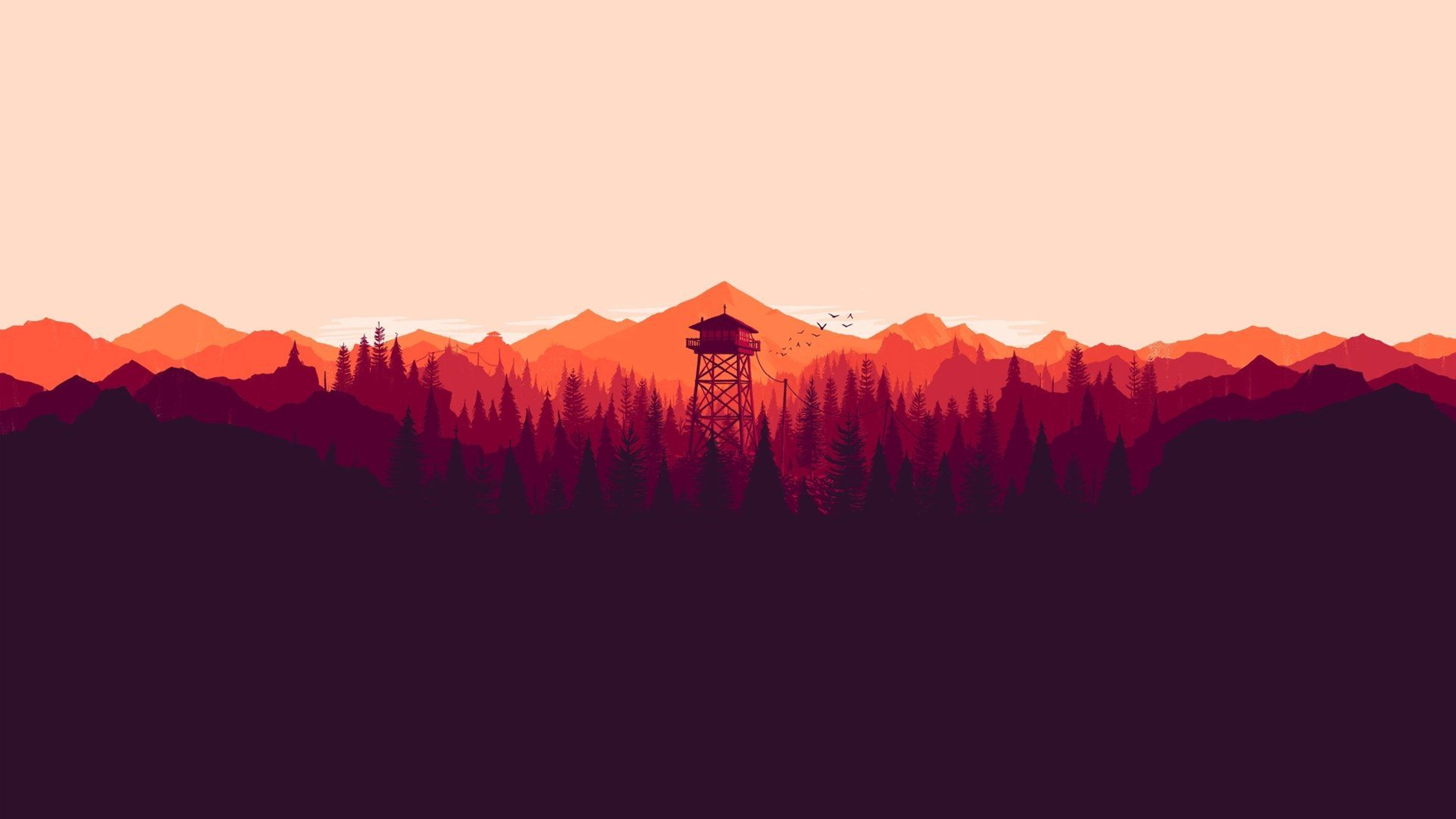 Mountain 桌布 壁紙 — 一座剪影的防火瞭望塔矗立在松樹林中，背景是層層疊疊的山巒，在溫暖的日落色調中閃耀。