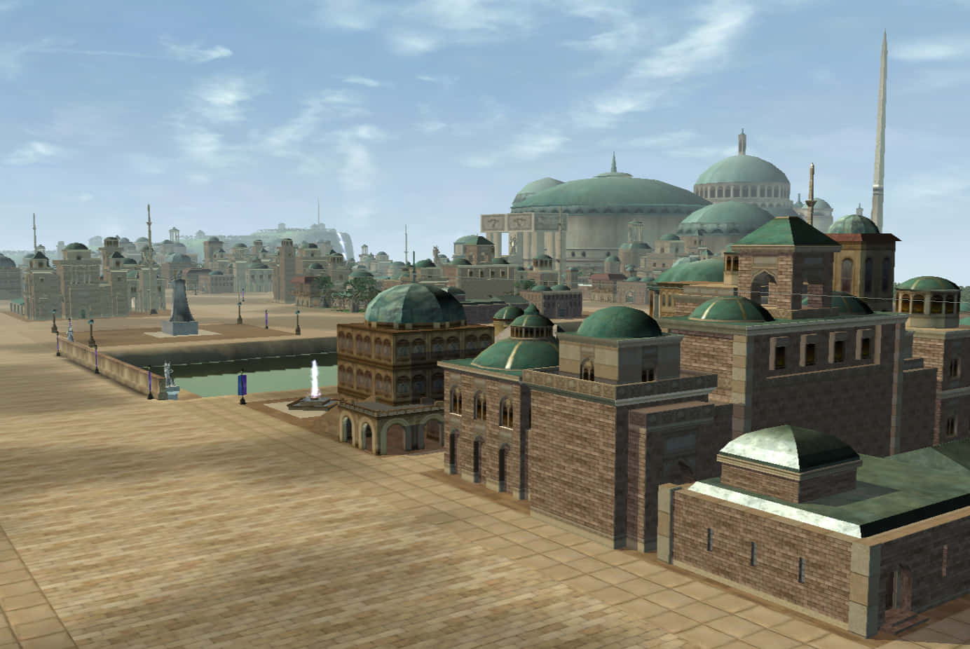 Naboo 桌布 壁紙 — 一座古老伊斯蘭城市的宏大數位渲染，擁有圓頂清真寺和宣禮塔，在明亮的藍天下。