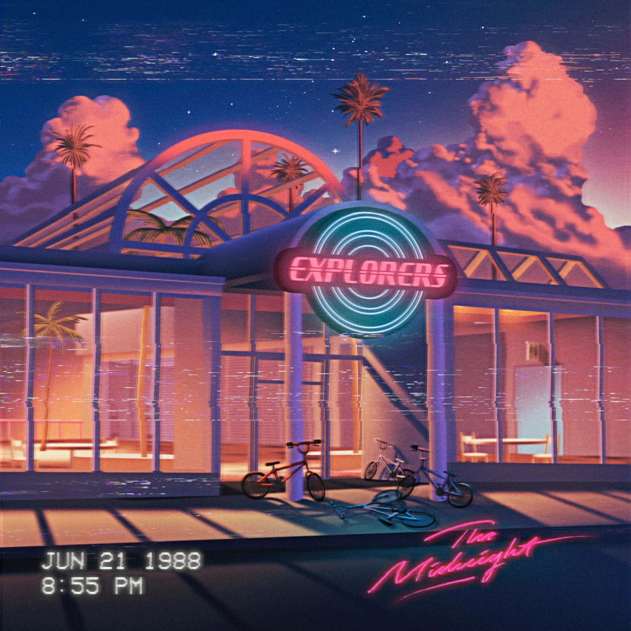 Baddie Vintage 90's Aesthetic 桌布 壁紙 — 一座名為「Explorers」的復古未來主義霓虹燈建築，夜晚時分，棕櫚樹和單車在星空下。