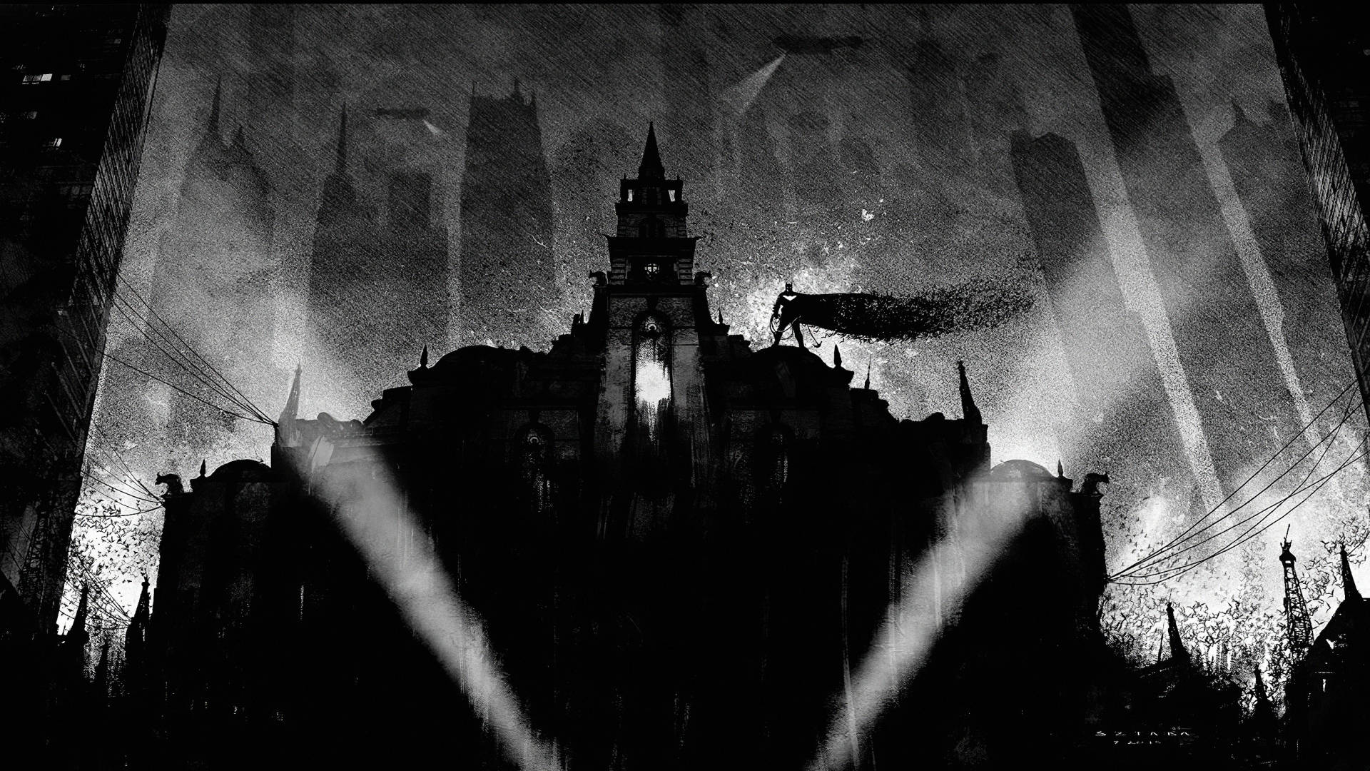 Silhouette 桌布 壁紙 — 一座哥德式大教堂的剪影在暴風雨的天空下若隱若現，光束穿過雨幕和煙霧。