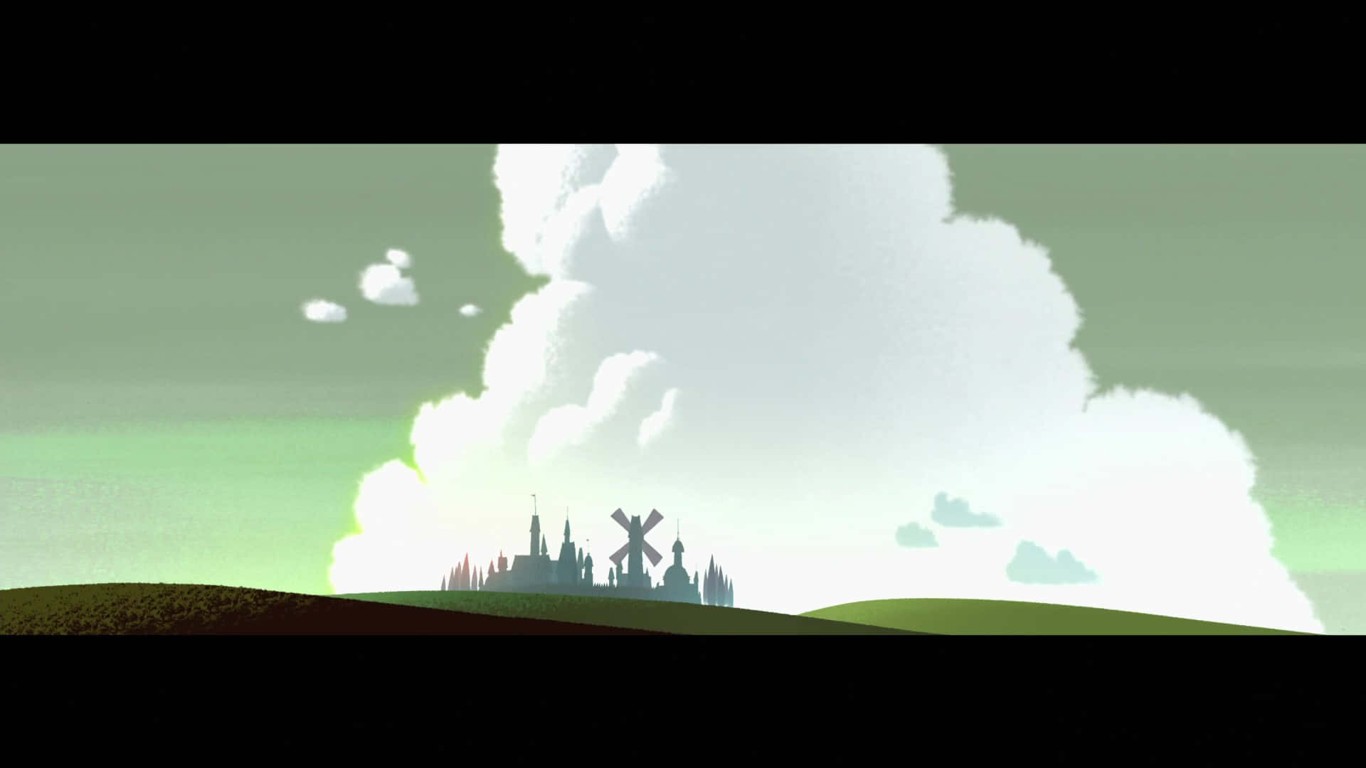 samurai jack 桌布 壁紙 — 一座城堡和風車的剪影坐落在起伏的山丘上，上方是廣闊的綠色天空，點綴著柔軟的白雲。