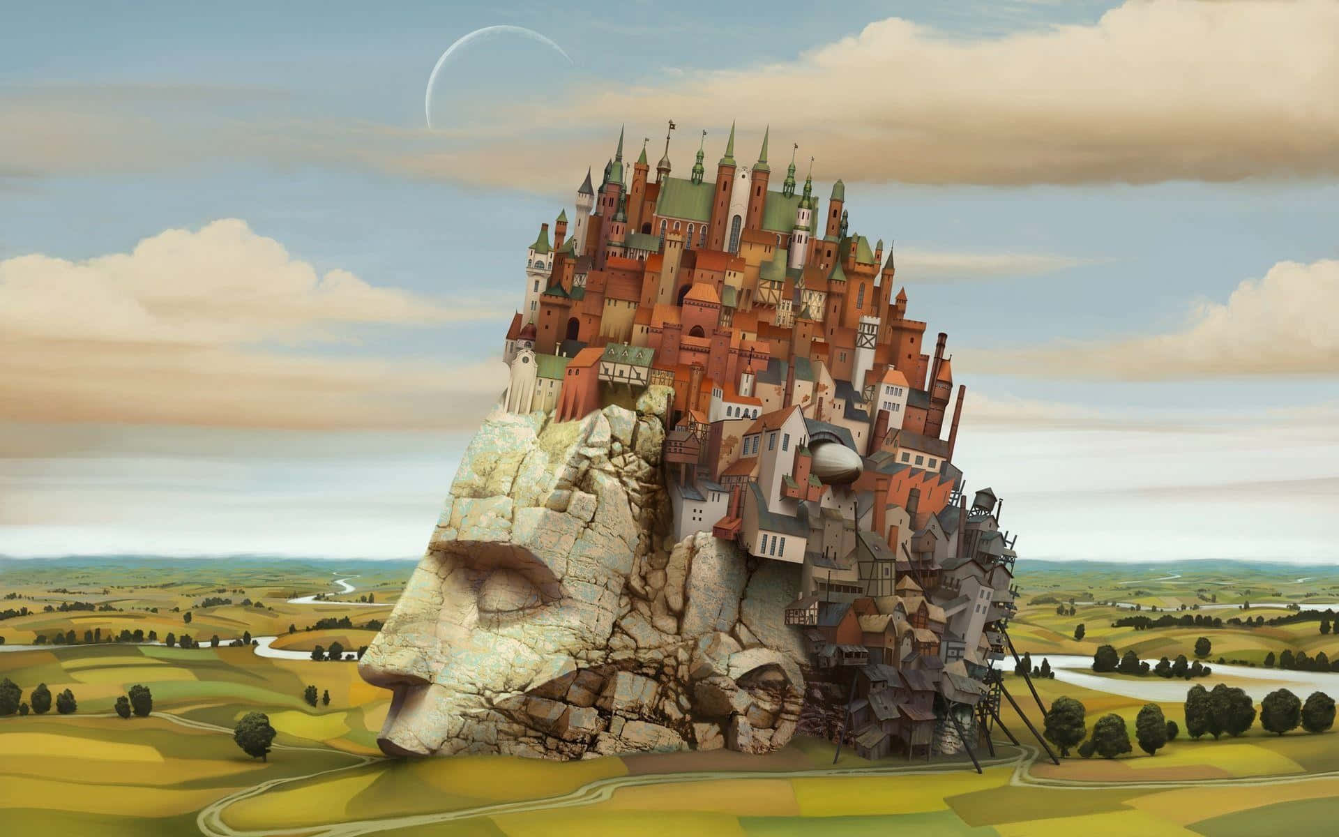 Surrealism 桌布 壁紙 — 一座夢幻城堡建在一個巨大的石頭上，從新月下的田園景觀中浮現出來。