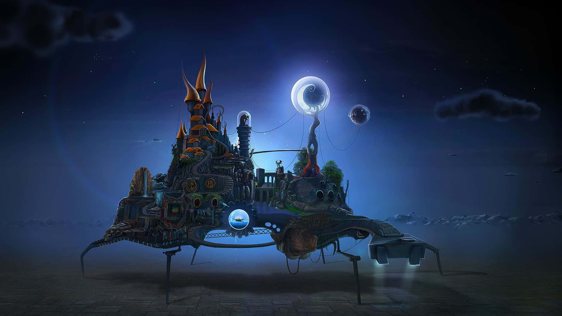 Cool Space 桌布 壁紙 — 一座夢幻的浮空城堡，帶有尖塔和發光球體，在星夜和彎月下由機械腿支撐。