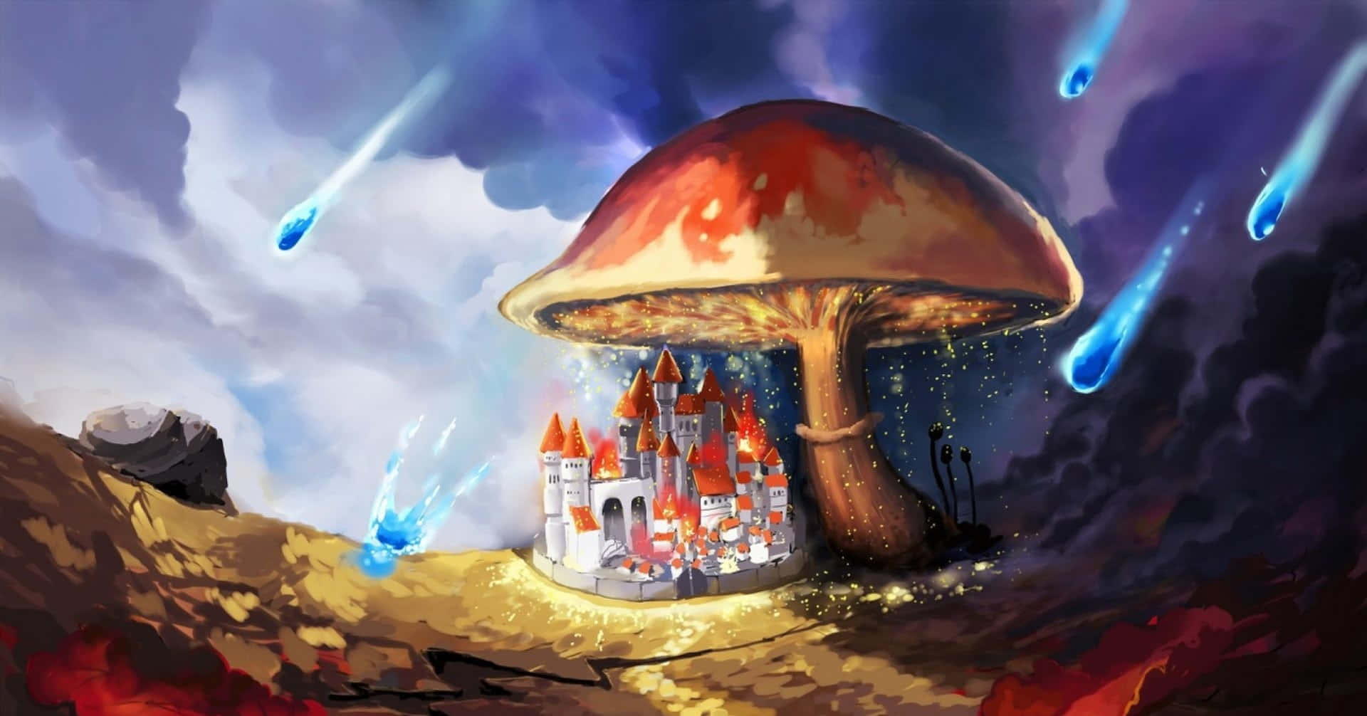Kawaii Mushroom 桌布 壁紙 — 一座奇幻城堡坐落於巨型發光蘑菇下，藍色流星劃過暴風雨暮色天空。