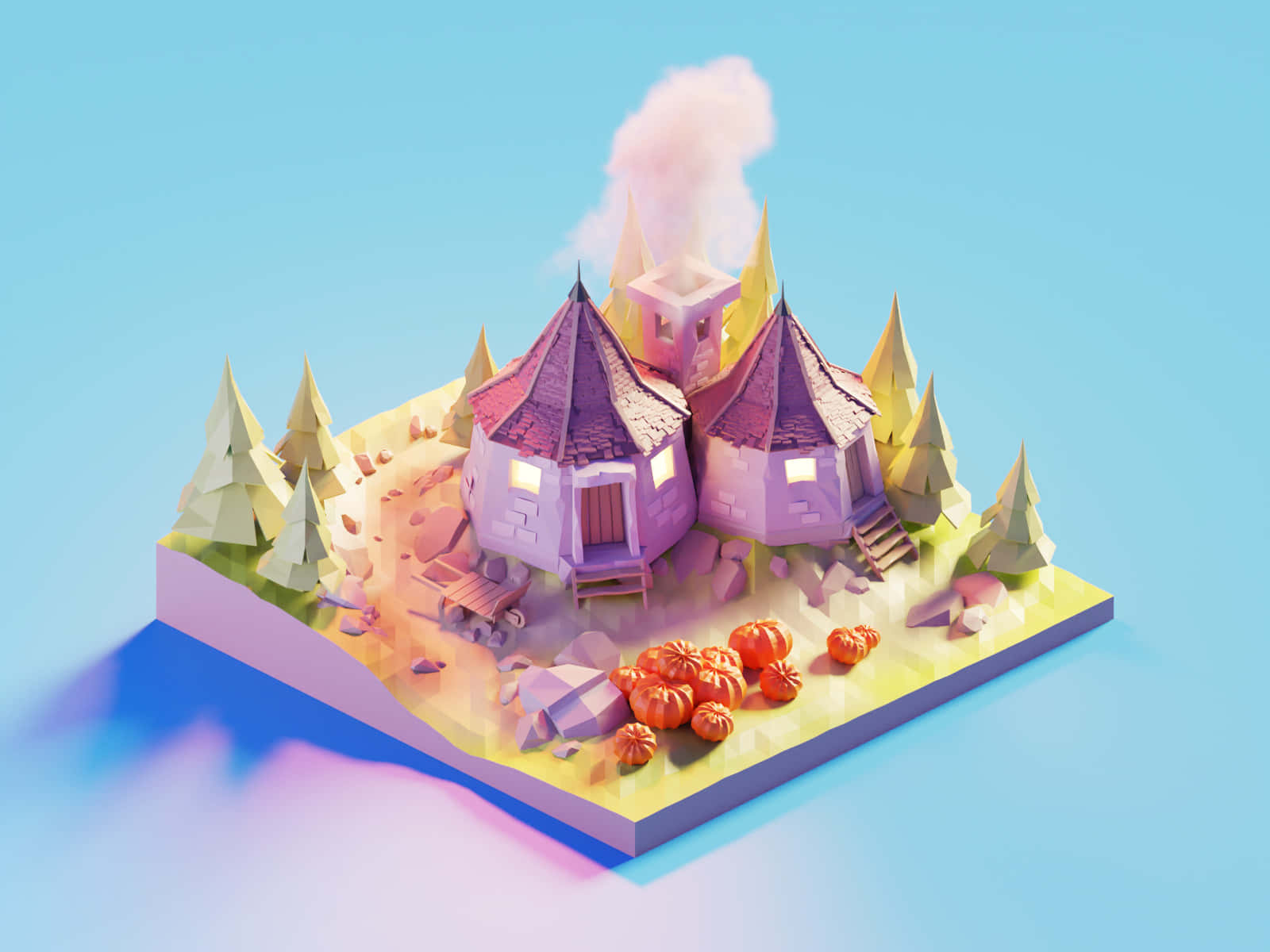 Hagrid's Hut 桌布 壁紙 — 一座奇幻的3D渲染紫色小屋，煙囪冒著煙，坐落於一個被幾何樹木和南瓜環繞的浮島上。