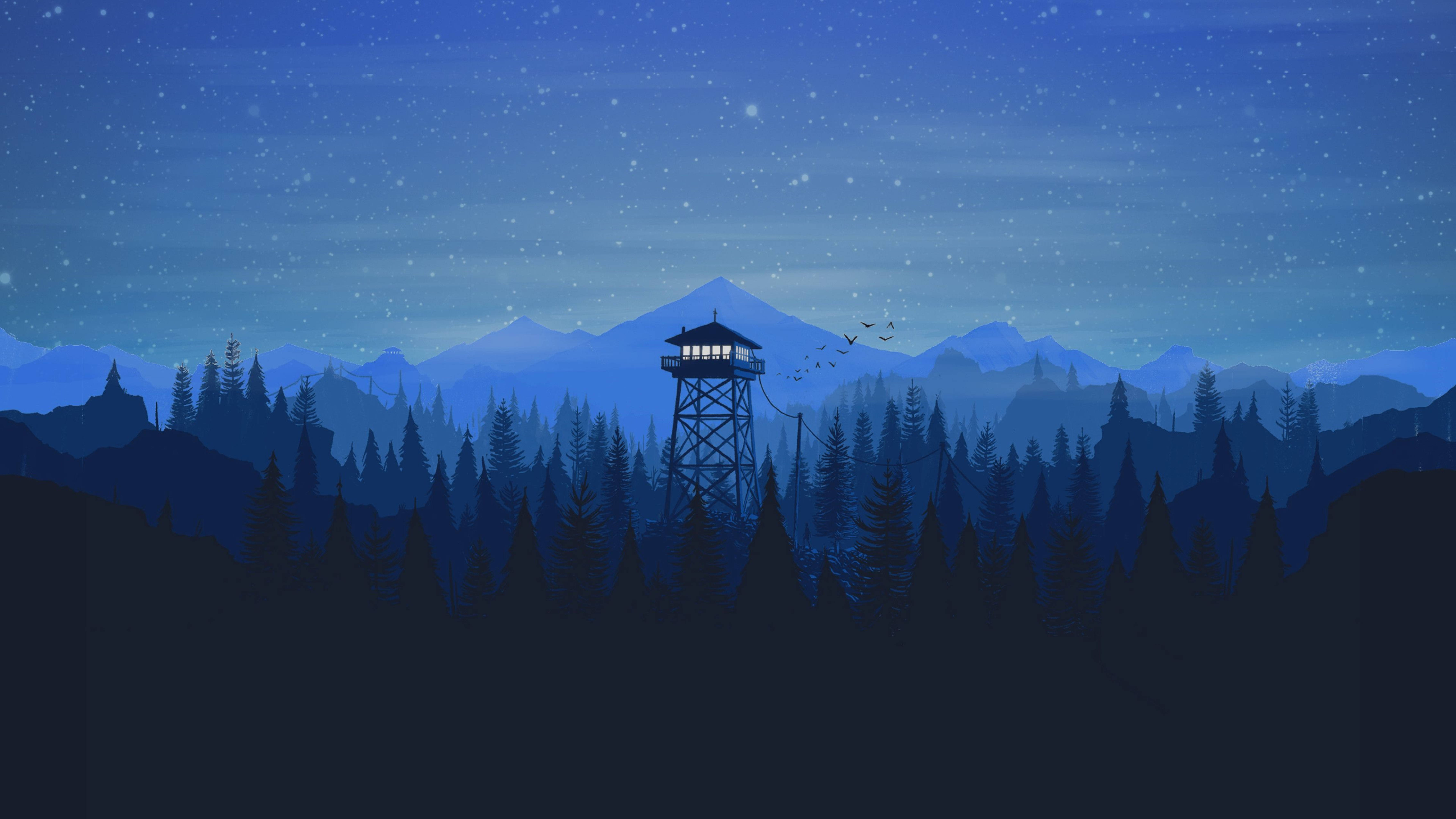 Starry Sky 桌布 壁紙 — 一座孤獨的瞭望塔在繁星點點的夜空下，於茂密森林和遠山之上溫暖地發光。