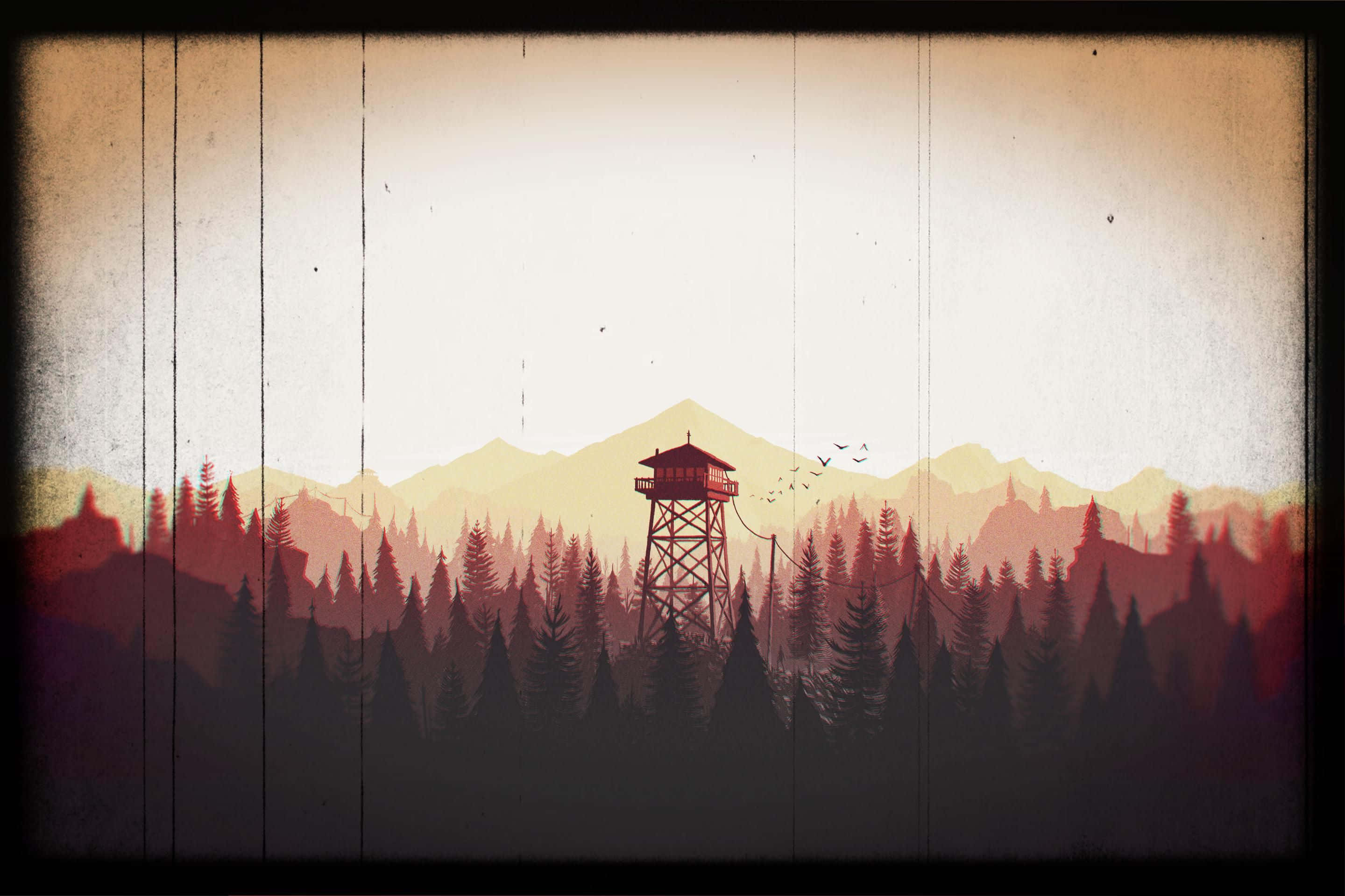 Firewatch 桌布 壁紙 — 一座孤獨的紅色瞭望塔矗立在森林覆蓋的山谷中，遠山在溫暖的日落天空下。