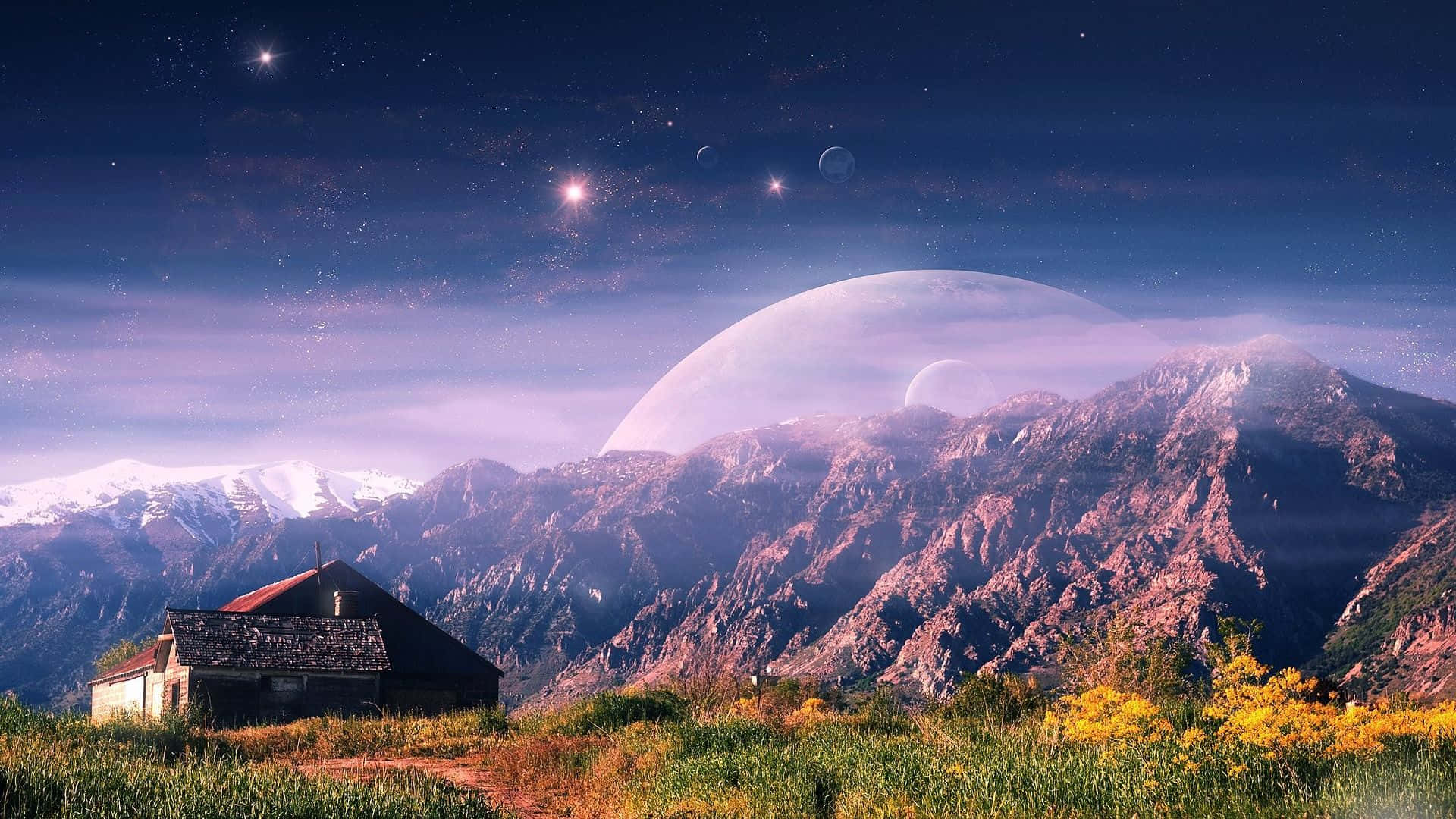 Trippy Sky 桌布 壁紙 — 一座孤獨的鄉村小屋坐落在積雪的山峰前，星空下有一顆巨大的發光行星和較小的衛星。