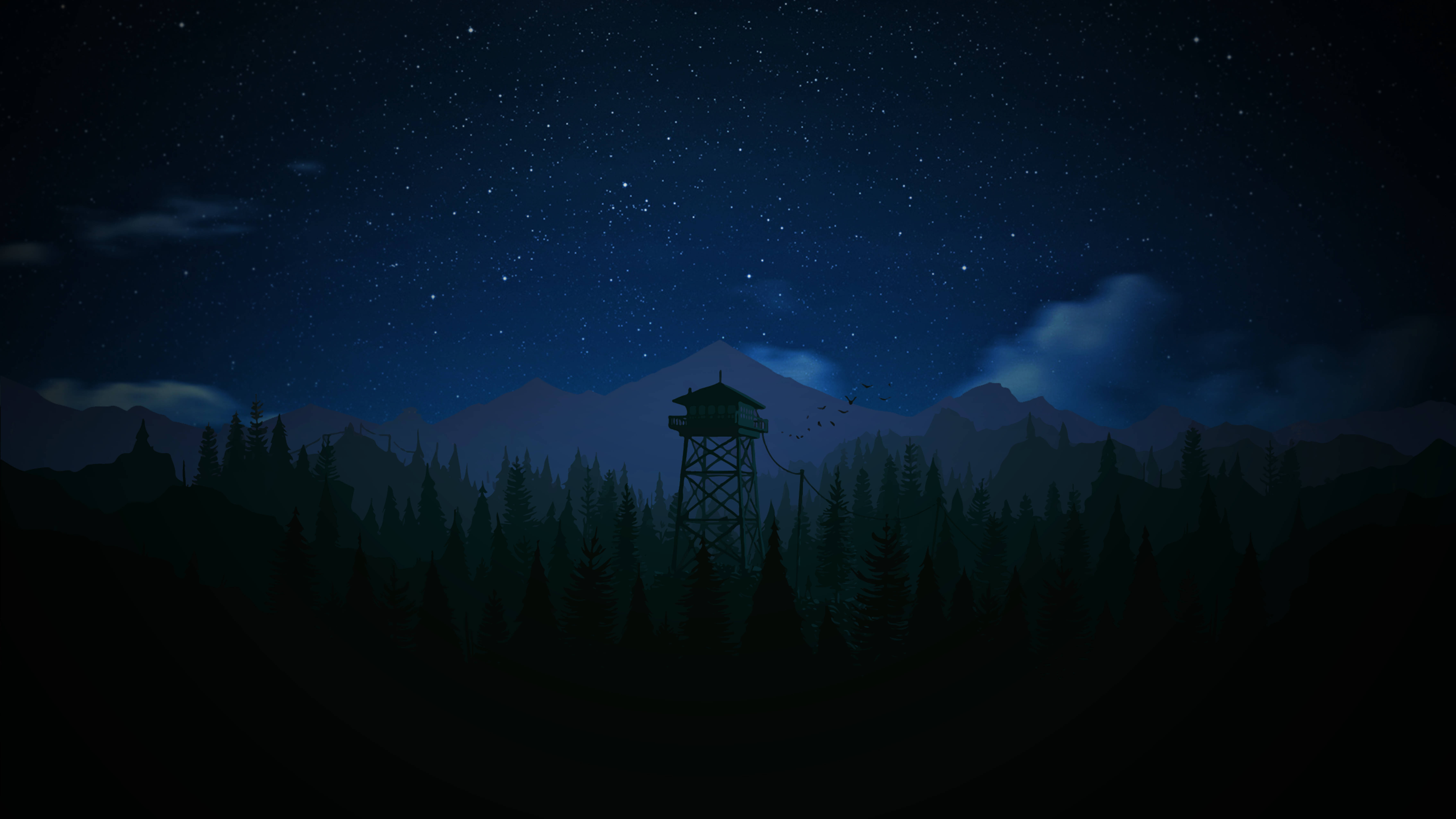 遊戲 桌布 壁紙 — 一座孤獨的防火瞭望塔在繁星點點的夜空下，於茂密的森林中呈現剪影，遠方有山巒。