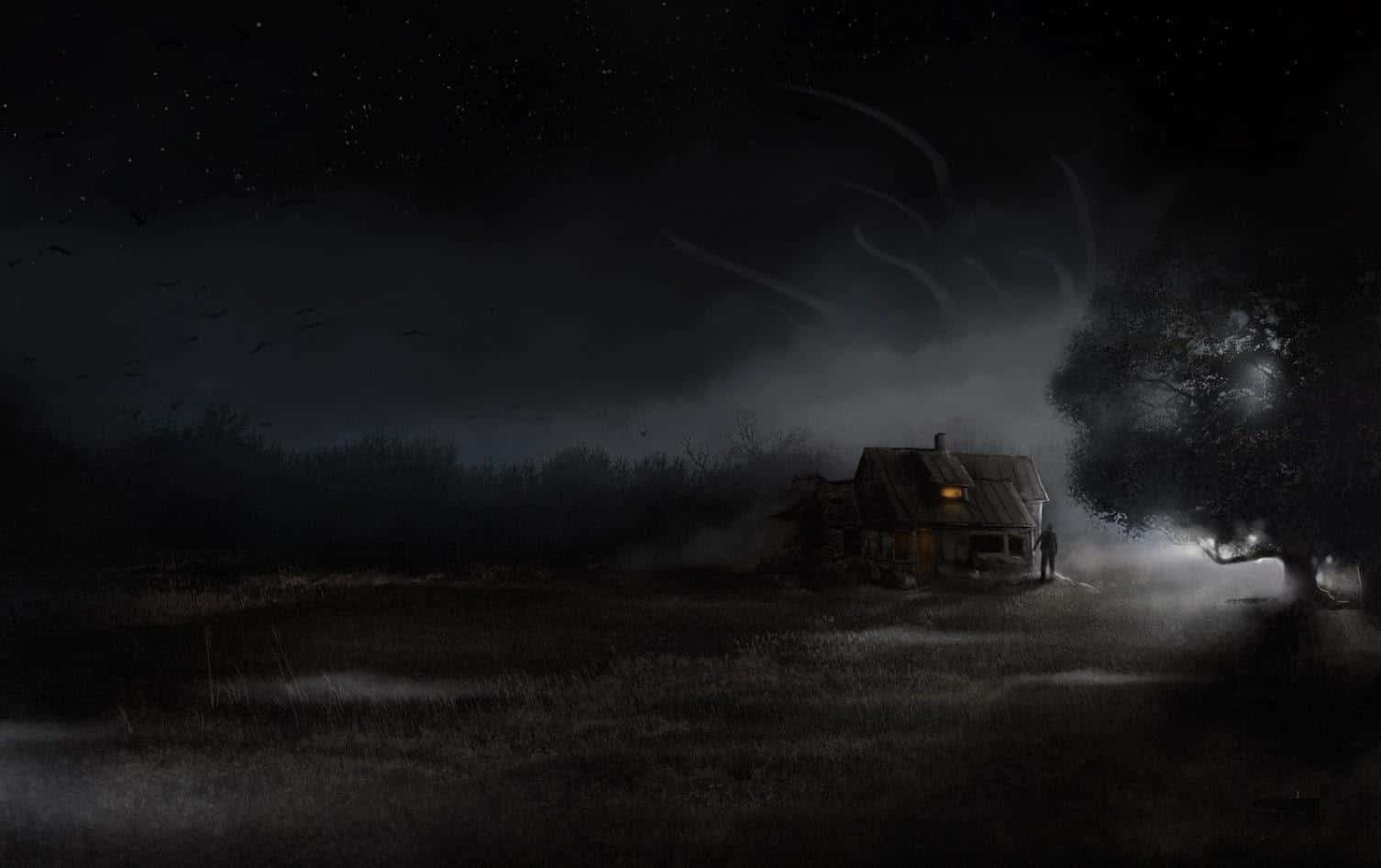 Ambience 桌布 壁紙 — 一座孤獨的鬼屋在繁星點點的夜空下微微發光，霧氣環繞著其破舊的結構。