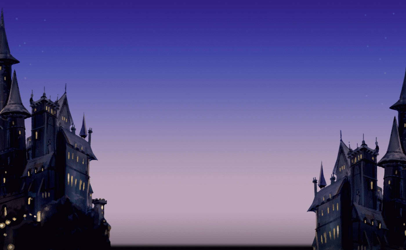 哥德式城堡，窗戶亮著燈光，在星空暮色下 — 霍格華茲 GIF 壁紙