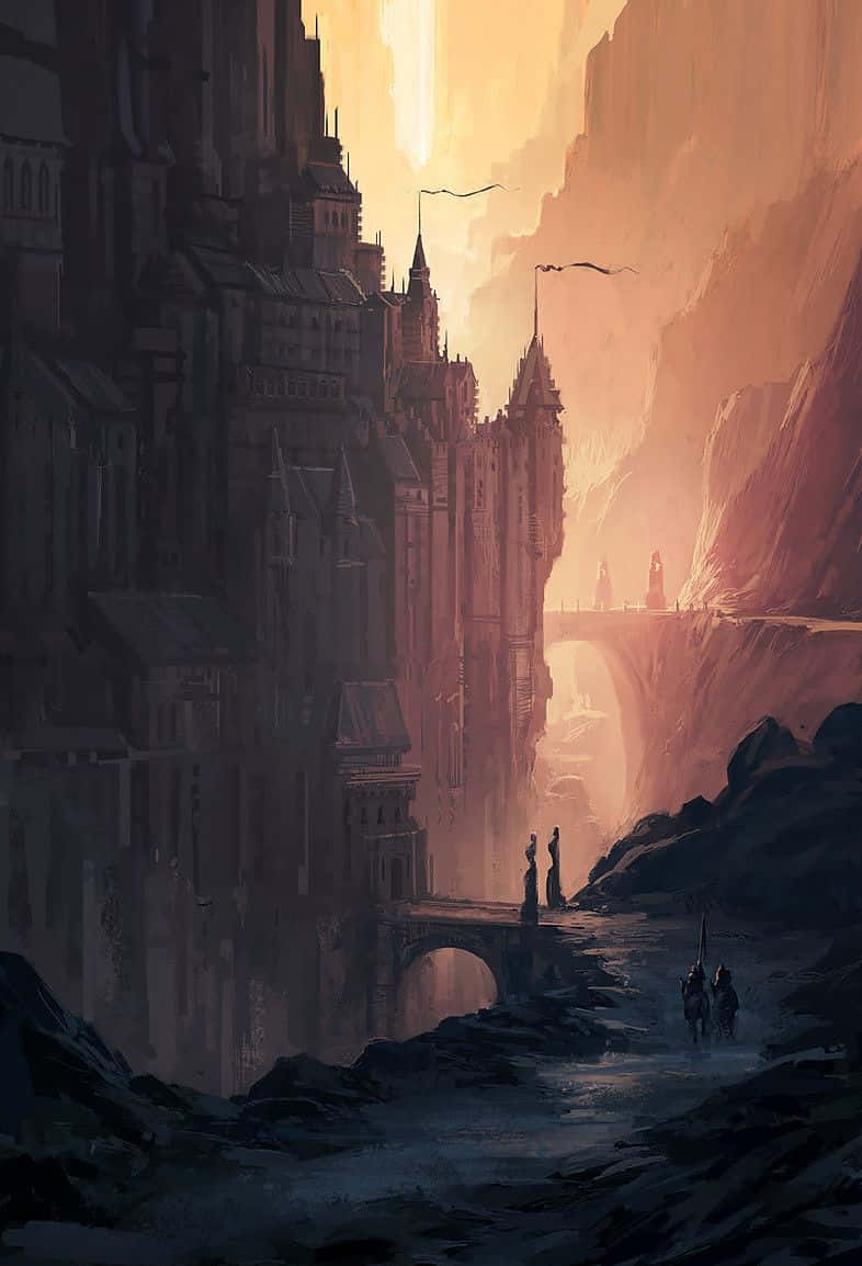 The Citadel 桌布 壁紙 — 一座宏偉的哥德式城市坐落在峽谷中，沐浴在金色的日落光芒中，剪影人物沿著小路行走。