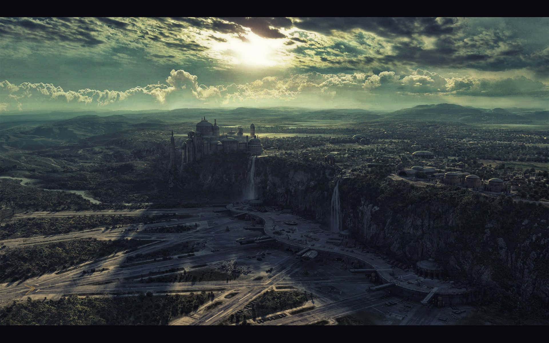 Naboo 桌布 壁紙 — 一座宏偉的城堡坐落在懸崖頂上，俯瞰著廣闊的山谷，瀑布層疊而下，天空戲劇性地陽光明媚。