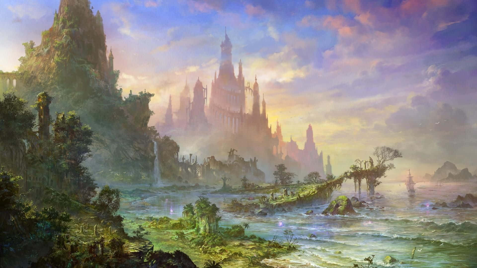 Laputa Castle In The Sky 桌布 壁紙 — 一座宏偉的奇幻城堡從霧氣繚繞的懸崖上崛起，旁邊是一條在日落時分閃耀光芒的河流，遠處有一艘孤獨的船隻航行。
