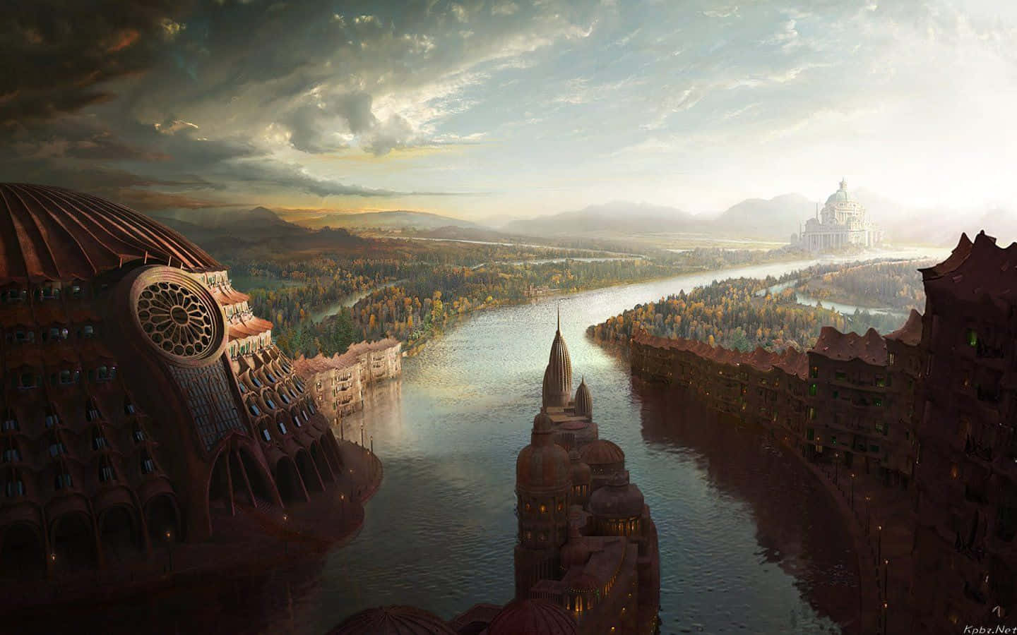 Naboo 桌布 壁紙 — 一座宏偉的奇幻城市，擁有哥德式建築，蜿蜒的河流穿過秋日森林，在戲劇性的暮色天空下流淌。