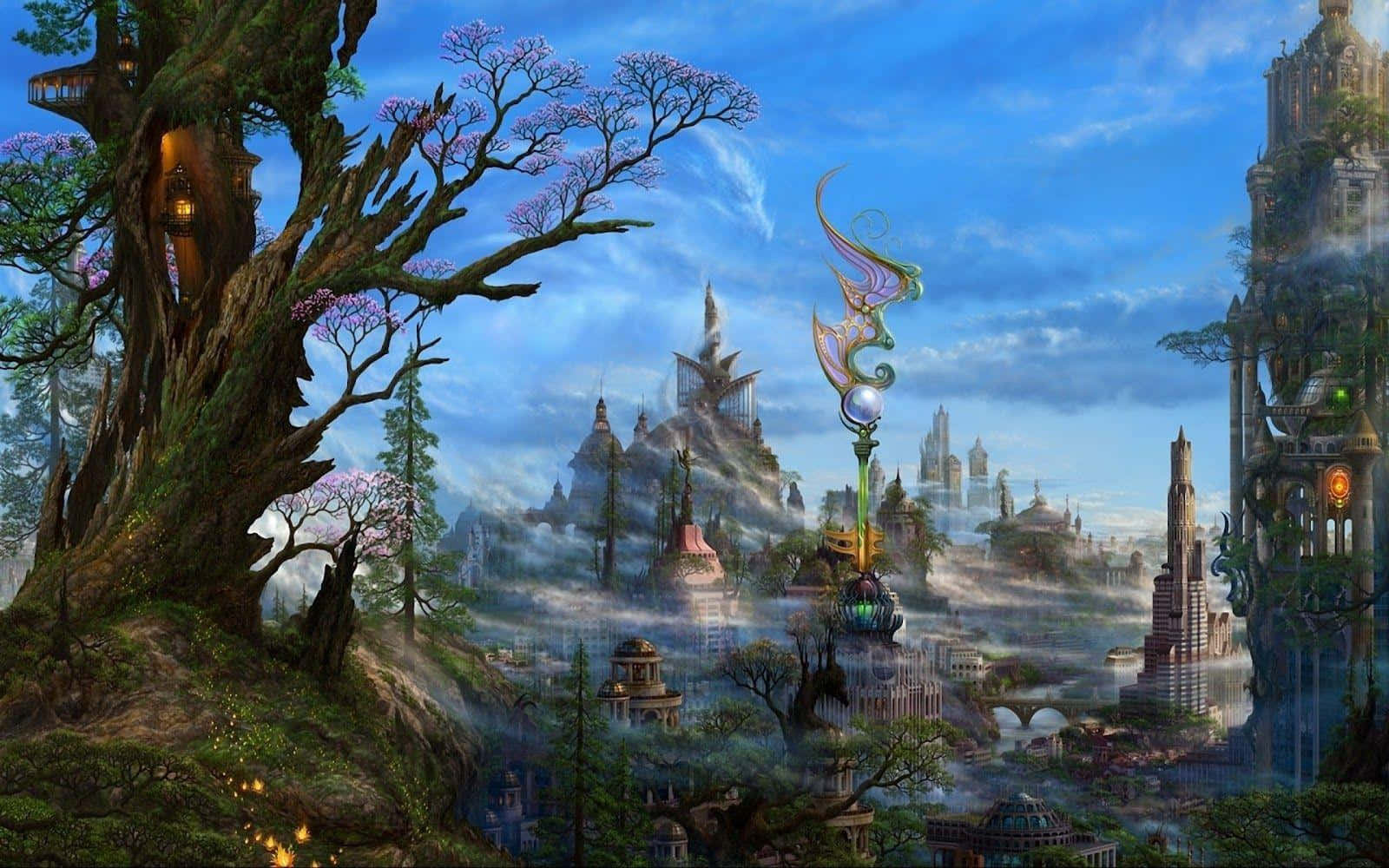 3d Fantasy 桌布 壁紙 — 一座宏偉的奇幻城市坐落在霧氣瀰漫的山谷中，擁有巨大的樹屋和發光的尖塔，在充滿活力的藍天下。