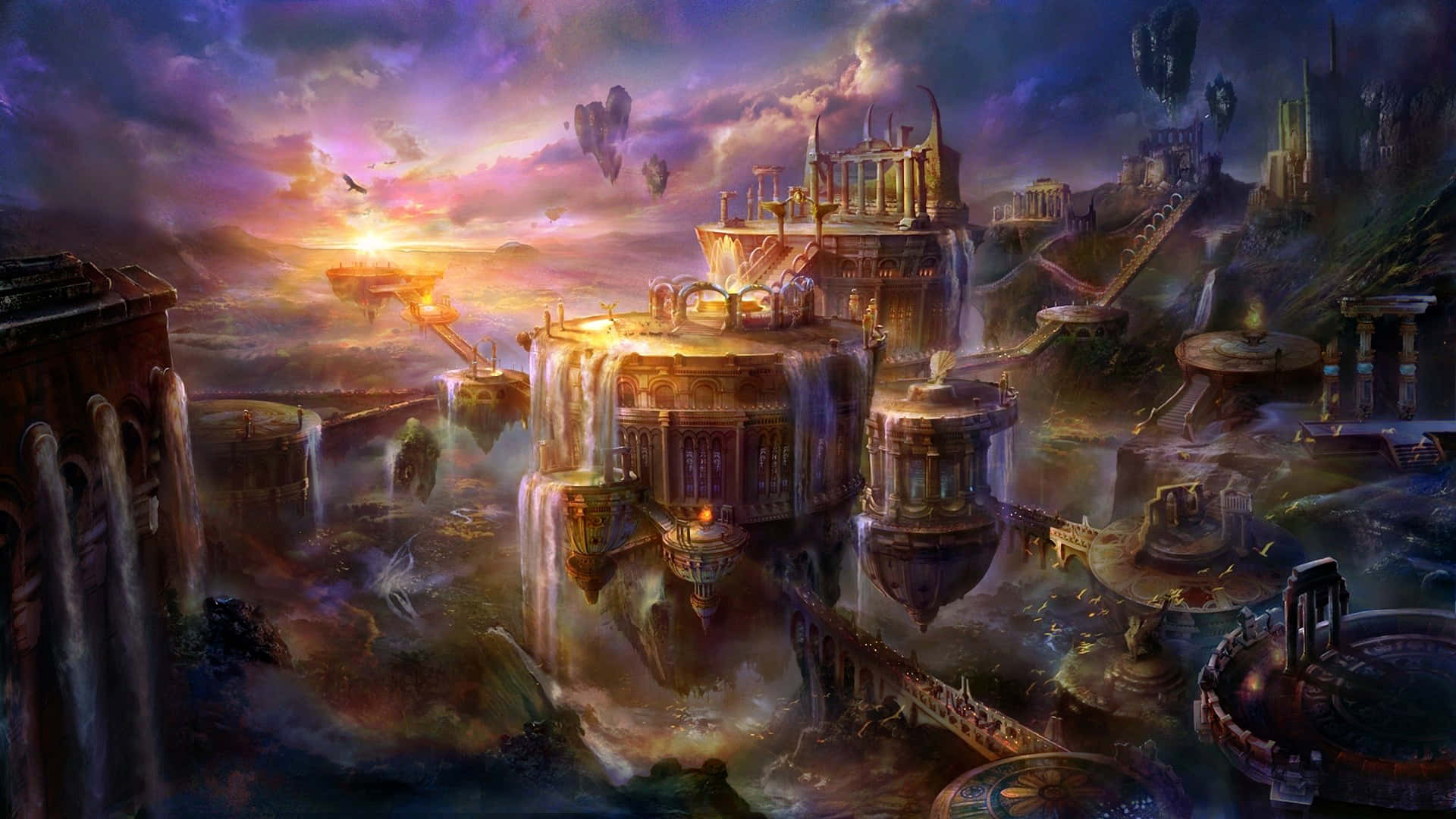 Fine Arts 桌布 壁紙 — 一座宏偉的漂浮幻想城市，擁有層疊瀑布和沐浴在日落色調中的發光建築。