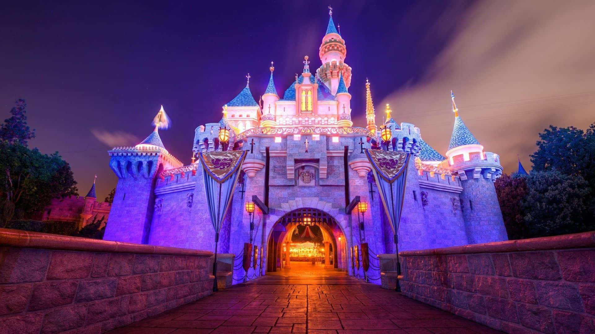 Disneyland 桌布 壁紙 — 一座宏偉的童話城堡在夜晚被紫色和金色的燈光照亮，在黑暗的天空下溫暖地閃耀。