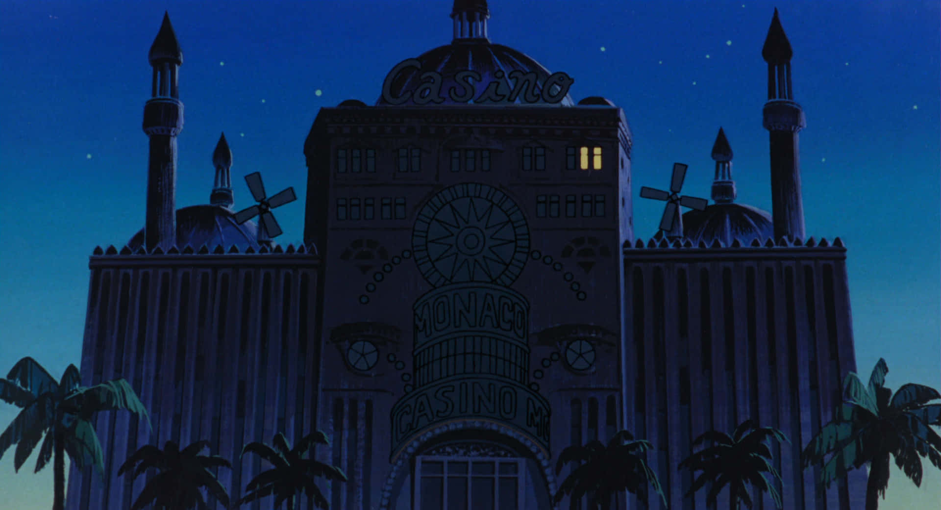 Lupin Iii The Castle Of Cagliostro 桌布 壁紙 — 一座宏偉的賭場建築，在星空下，有棕櫚樹和發光的窗戶。