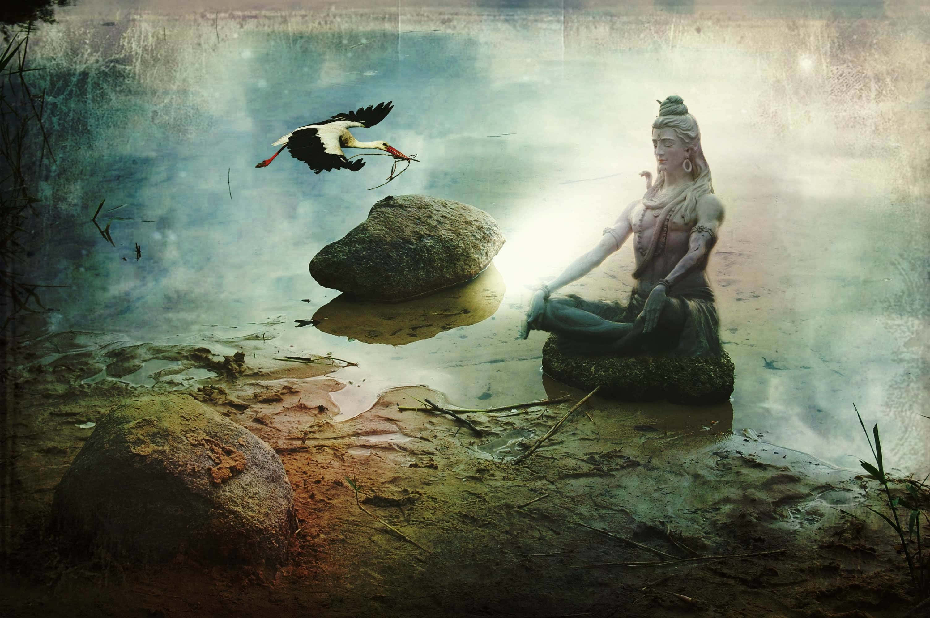 Spiritual Meditation 桌布 壁紙 — 一座寧靜的冥想人物雕像坐落在霧氣瀰漫的水邊，一隻鸛鳥叼著樹枝從頭頂飛過。