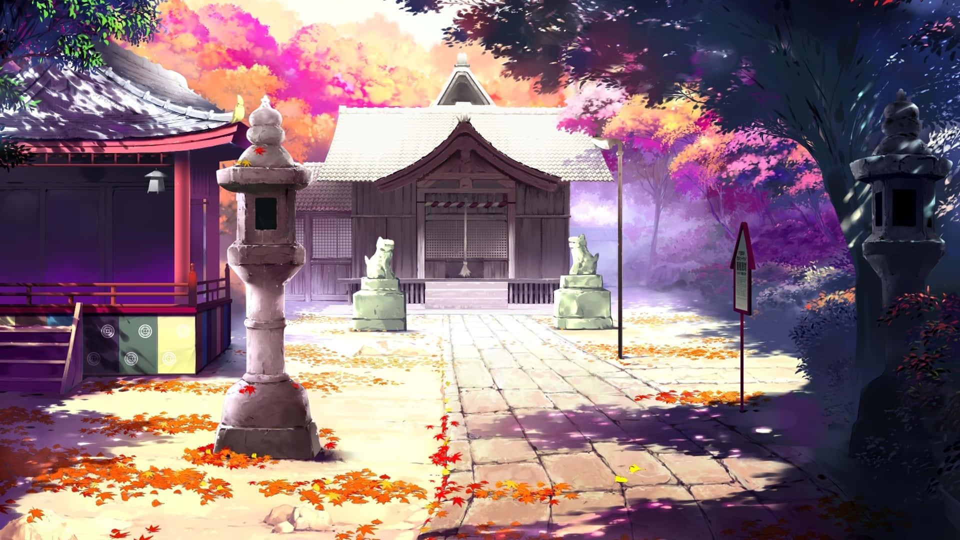 靚靚動畫 桌布 壁紙 — 一座寧靜的日本神社沐浴在秋日陽光中，鮮豔的橙色樹葉散落在石徑上，燈籠閃爍著光芒。