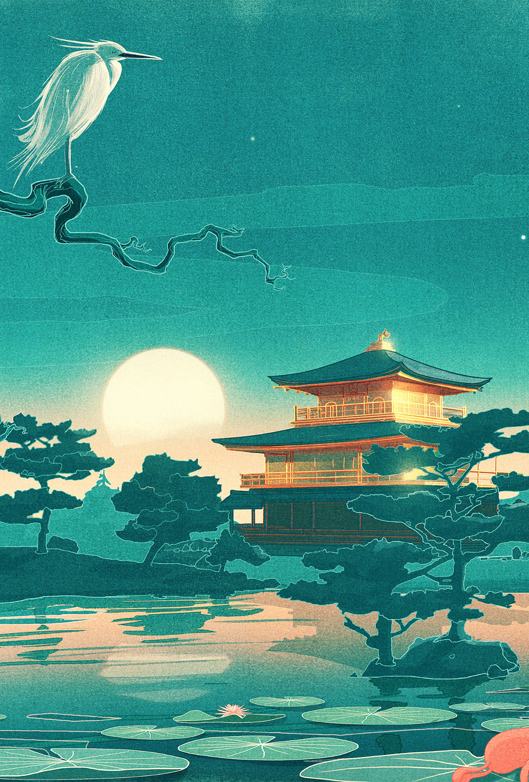 Painting 桌布 壁紙 — 一座寧靜的月光下日本寶塔倒映在平靜的水面上，一隻白鷺棲息在上方的樹枝上。