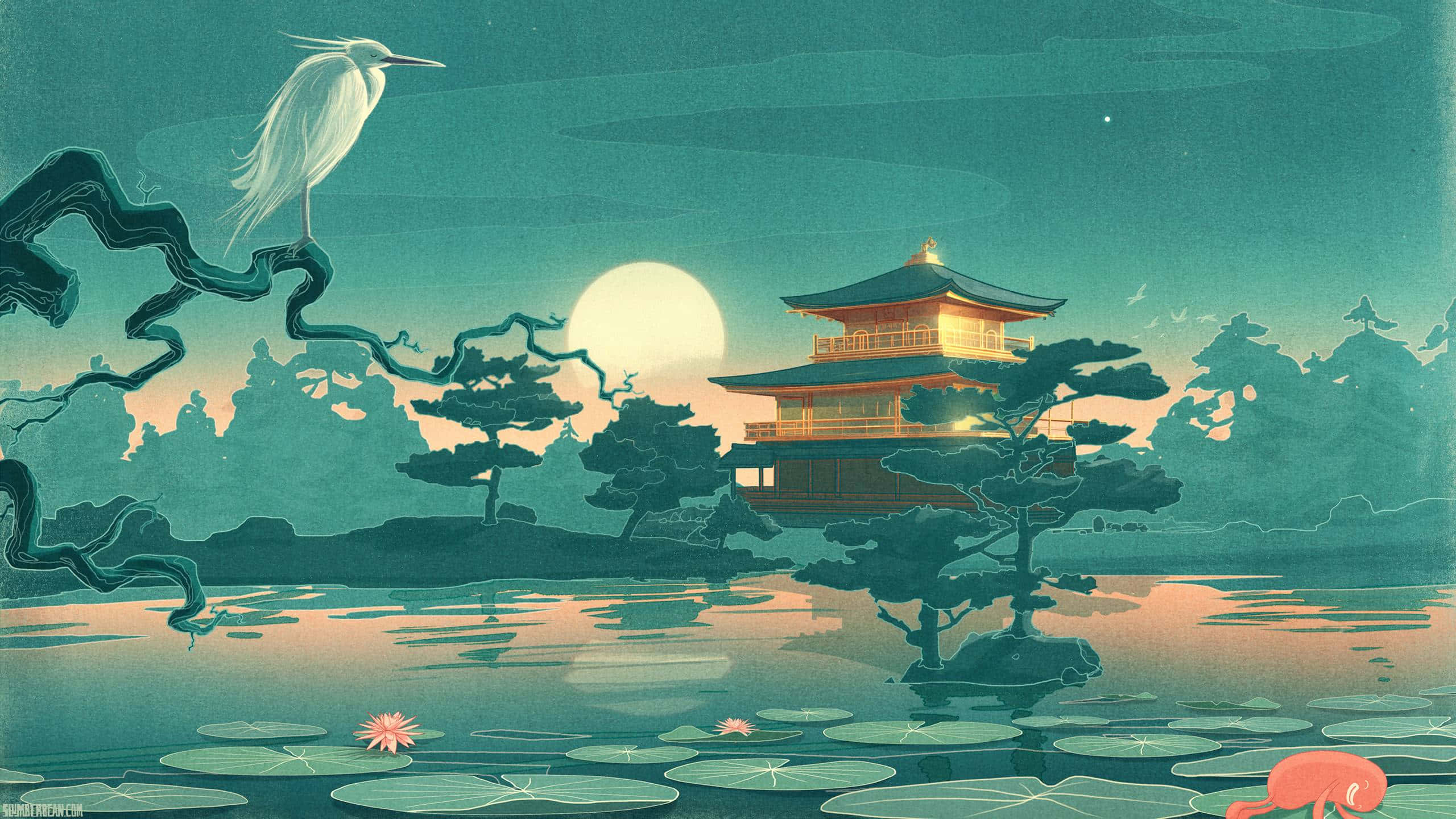 Feudal Japan 桌布 壁紙 — 一座寧靜的月光下的日本寶塔倒映在平靜的水面上，一隻白鷺棲息在睡蓮上方彎曲的樹枝上。