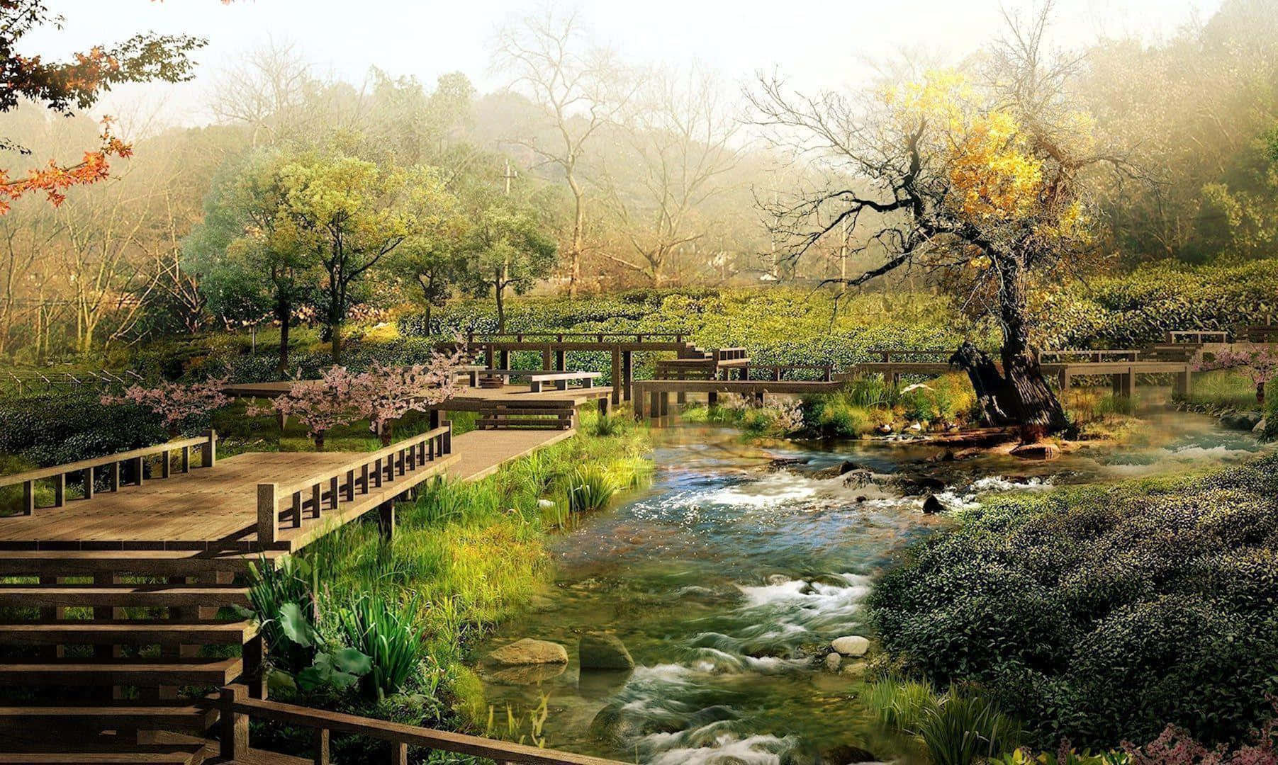 Samurai Garden 桌布 壁紙 — 一座寧靜的木橋橫跨清澈的小溪，穿過霧氣瀰漫的森林，有秋天的樹木和盛開的櫻花。