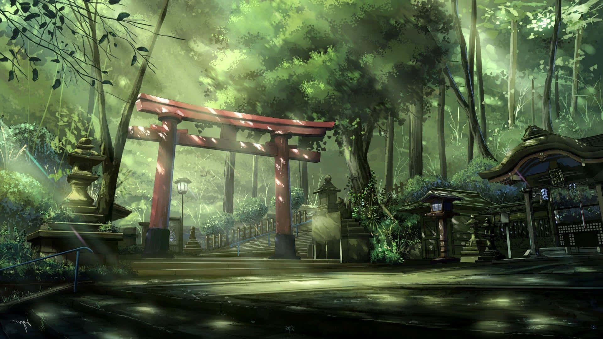 Anime Forest 桌布 壁紙 — 一座寧靜的紅色鳥居矗立在霧氣瀰漫的綠色森林中，陽光穿過高聳的樹木，附近有石燈籠。