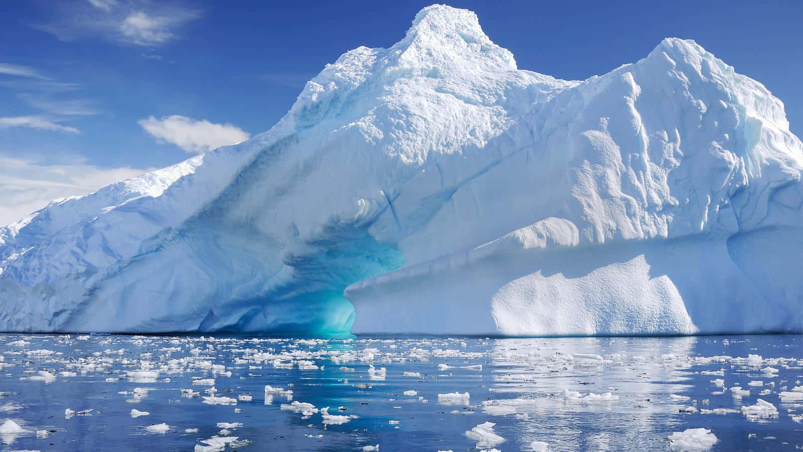 Antarctica 桌布 壁紙 — 一座巨大的冰山，帶有發光的藍色冰塊，在晴朗的藍天下平靜地漂浮在平靜的水面上。