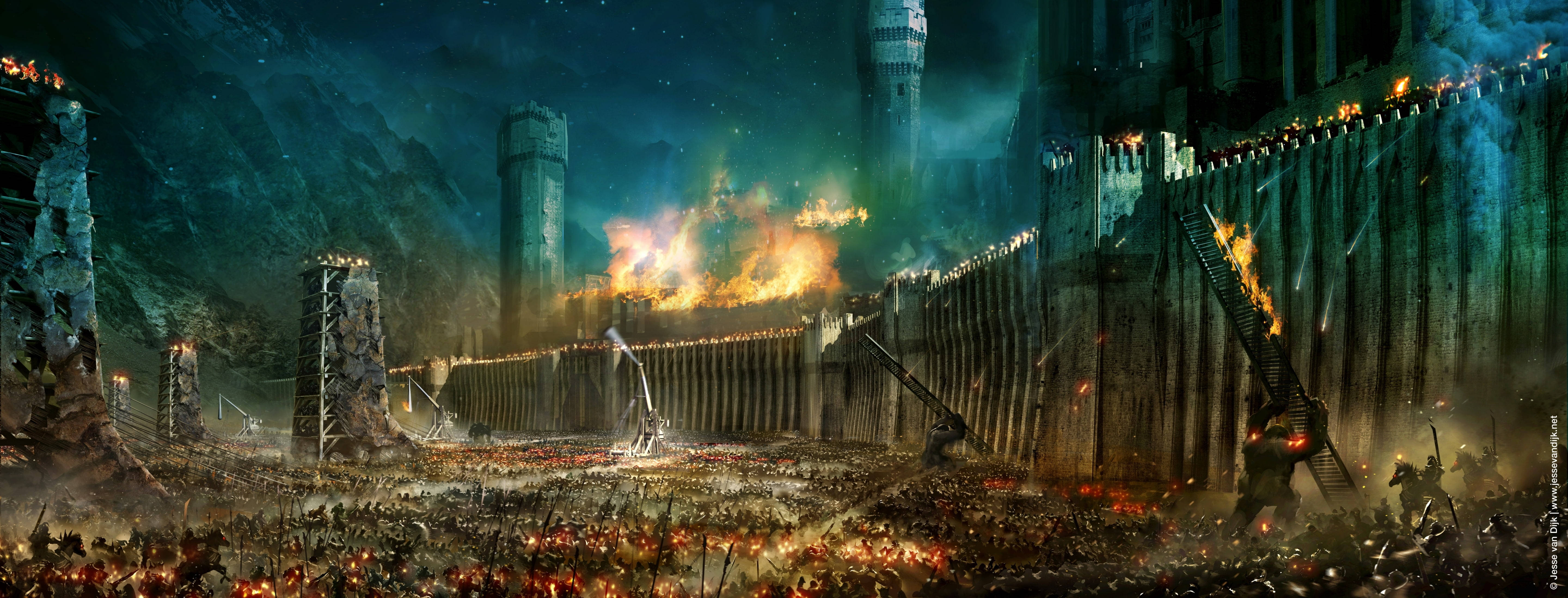 Lord Of The Rings Landscape 桌布 壁紙 — 一座巨大的堡壘在夜間被圍攻，火熱的爆炸和士兵在燃燒的木製路障中戰鬥。