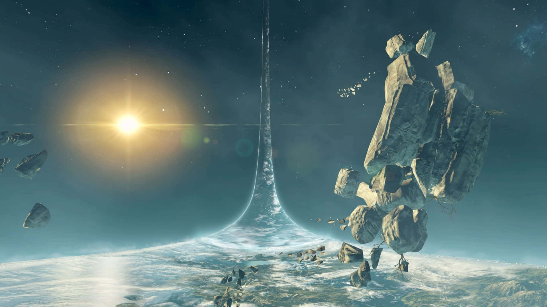 Halo Forerunner 桌布 壁紙 — 一座巨大的太空電梯刺穿星空，漂浮的小行星在雪行星上空發光的太陽附近漂流。