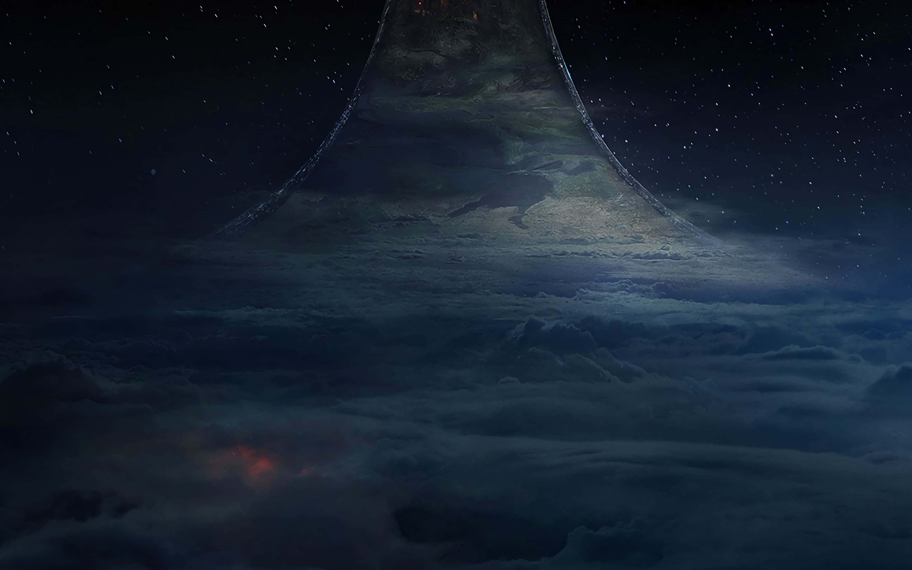 Dark Heaven 桌布 壁紙 — 一座巨大的宇宙山峰刺穿繁星點點的夜空，上方是旋轉的雲層，下方是發光的紅色星雲。