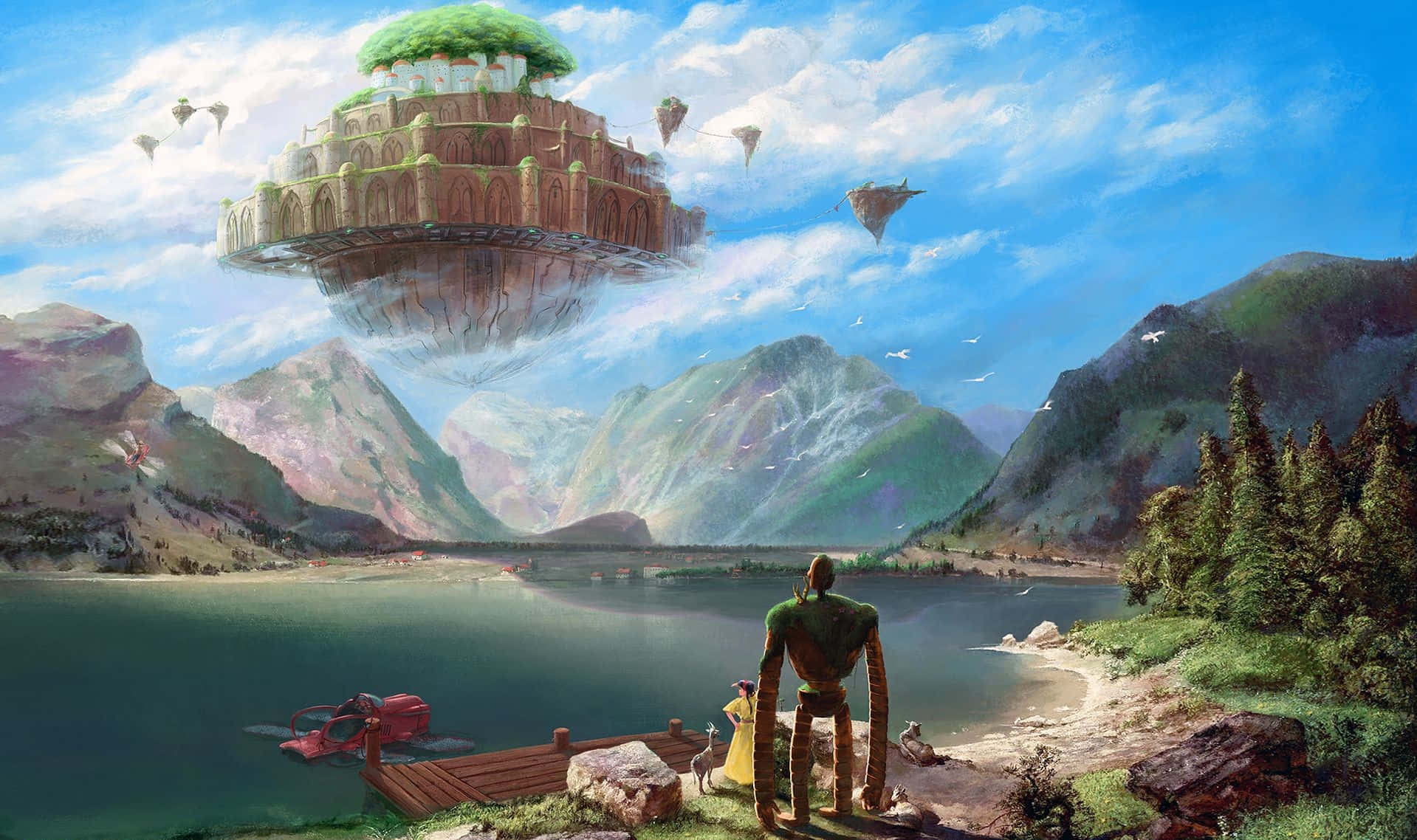 Hayao Miyazaki Movies 桌布 壁紙 — 一座巨大的浮空島嶼城市，擁有茂密的綠色植物和石頭建築，懸浮在群山環繞的寧靜湖泊之上，一個人正抬頭仰望。