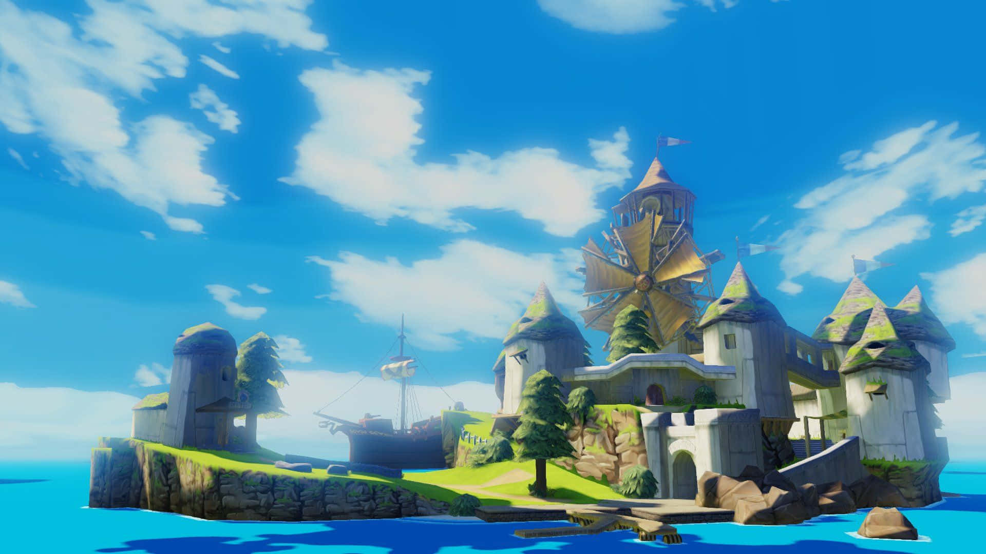 The Legend Of Zelda The Wind Waker 桌布 壁紙 — 一座帶有風車和船隻的奇幻卡通城堡，坐落在岩石島上，天空湛藍，白雲朵朵。
