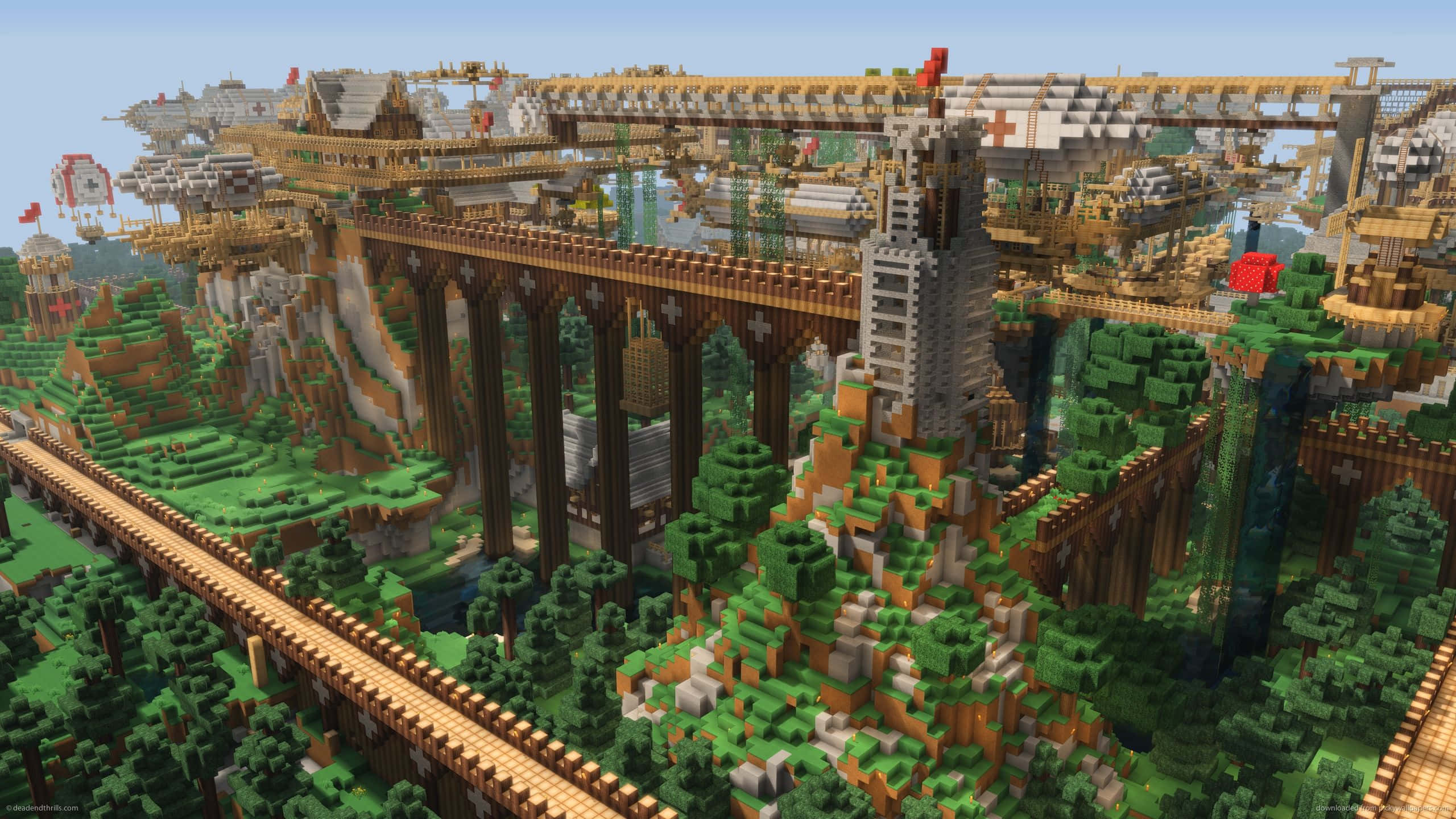 Best Minecraft 桌布 壁紙 — 一座廣闊的Minecraft風格城市，建在浮島和橋樑上，下方是鬱鬱蔥蔥的綠色峽谷，上方是清澈的藍天。
