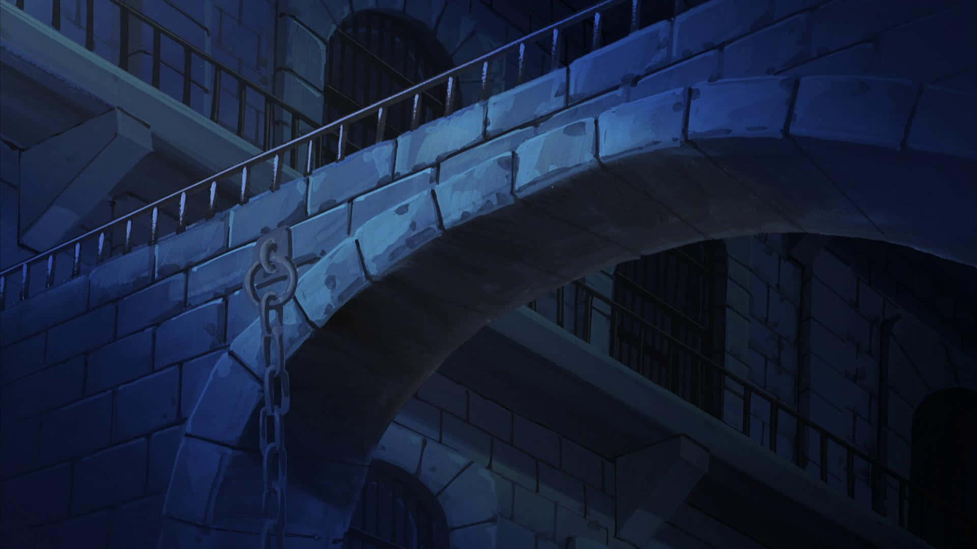 Impel Down 桌布 壁紙 — 一座憂鬱的藍色石橋在監獄般的建築之間拱起，夜空下掛著沉重的鐵鏈。