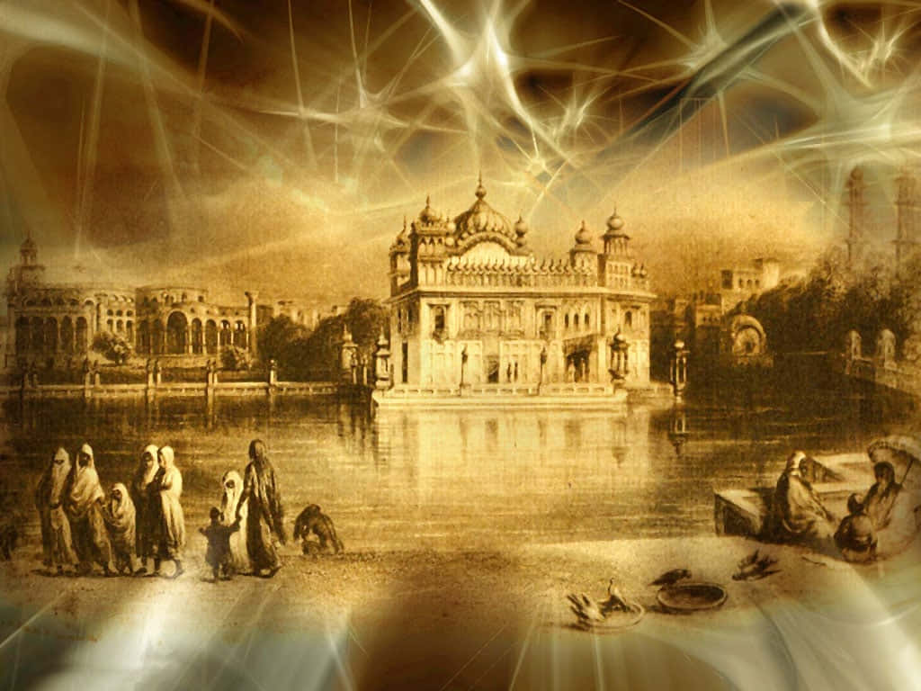 Golden Temple 桌布 壁紙 — 一座懷舊色調的歷史建築倒映在水中，人們在燦爛的天空下聚集在岸邊。