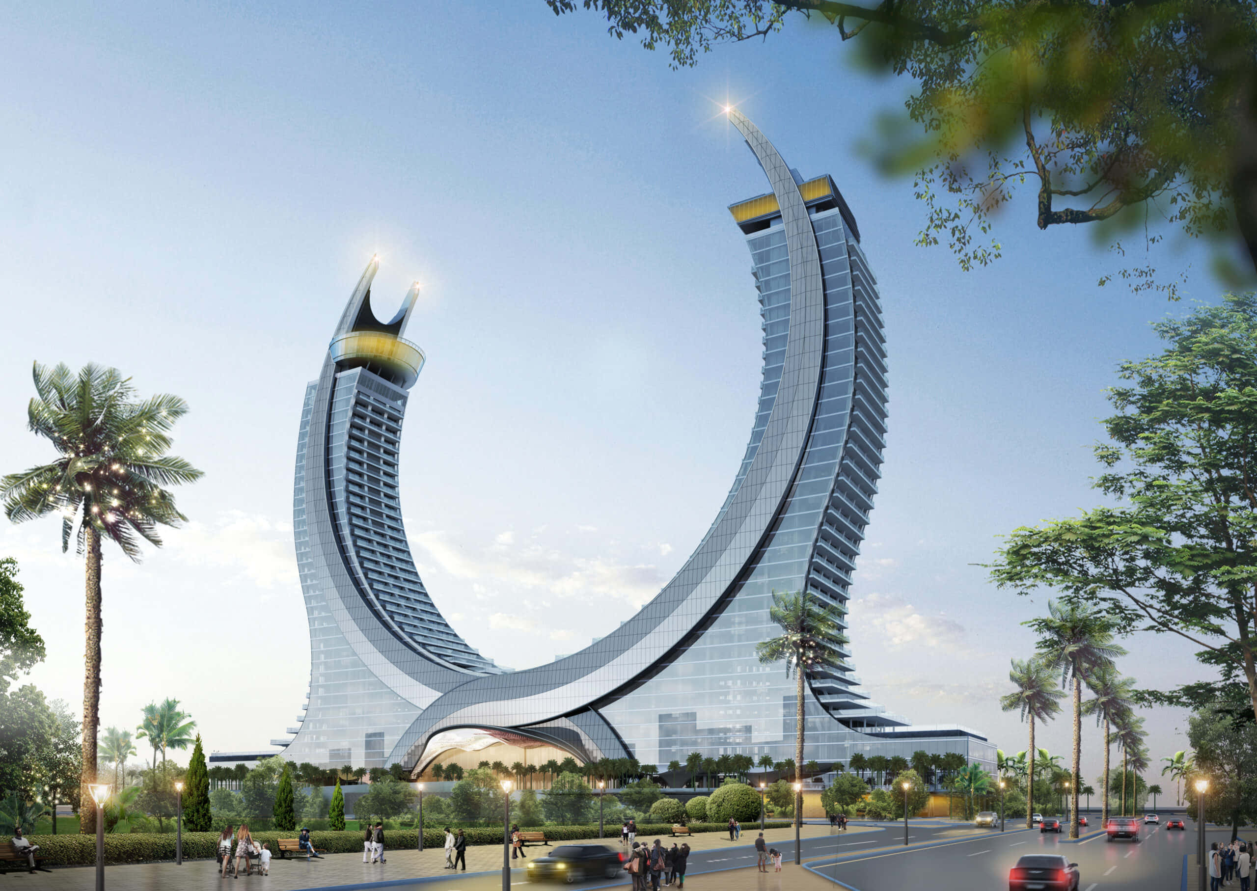 Qatar 桌布 壁紙 — 一座未來主義的弧形摩天大樓，玻璃外牆搭配金色點綴，在黃昏時分聳立於棕櫚樹成蔭的城市廣場之上。