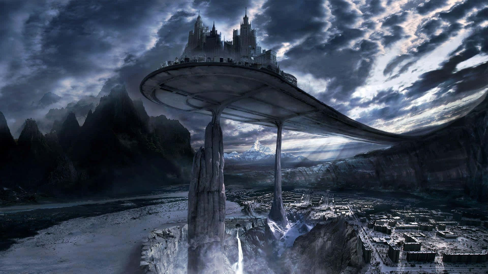 3d Fantasy 桌布 壁紙 — 一座未來主義的浮空城市棲息在巨大的柱子上，位於霧氣繚繞的山谷之上，天空是暴風雨前的黃昏。
