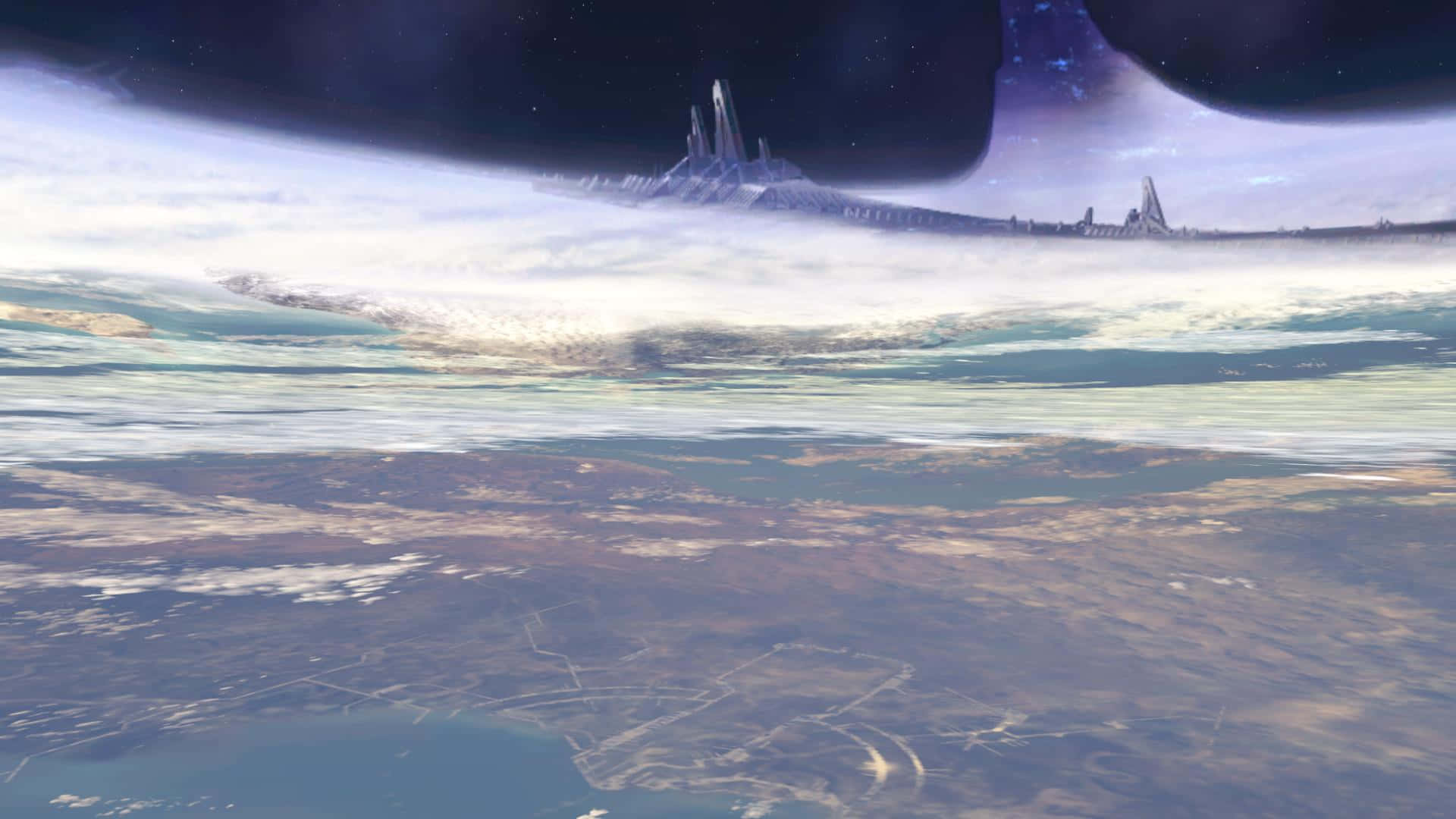 Halo Ark 桌布 壁紙 — 一座未來城市，擁有尖塔，漂浮在行星雲層之上，星空之下。
