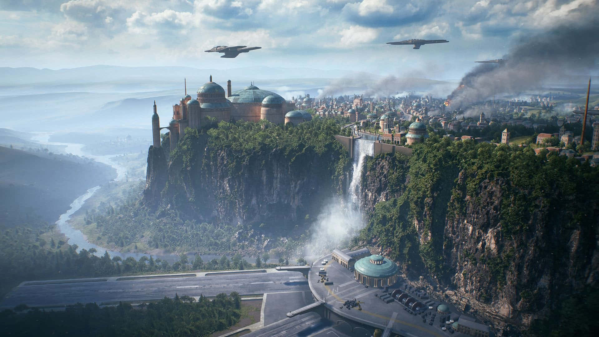 Naboo 桌布 壁紙 — 一座未來城市坐落在懸崖邊，飛船在圓頂建築上方翱翔，下方有瀑布傾瀉而下。