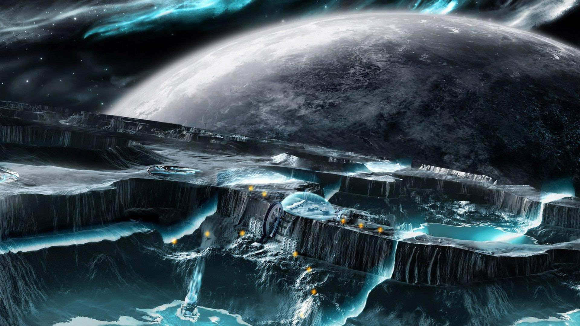 Beautiful Space 桌布 壁紙 — 一座未來城市漂浮在冰崖上，下方是巨大的月亮，太空中閃爍著藍色能量流。
