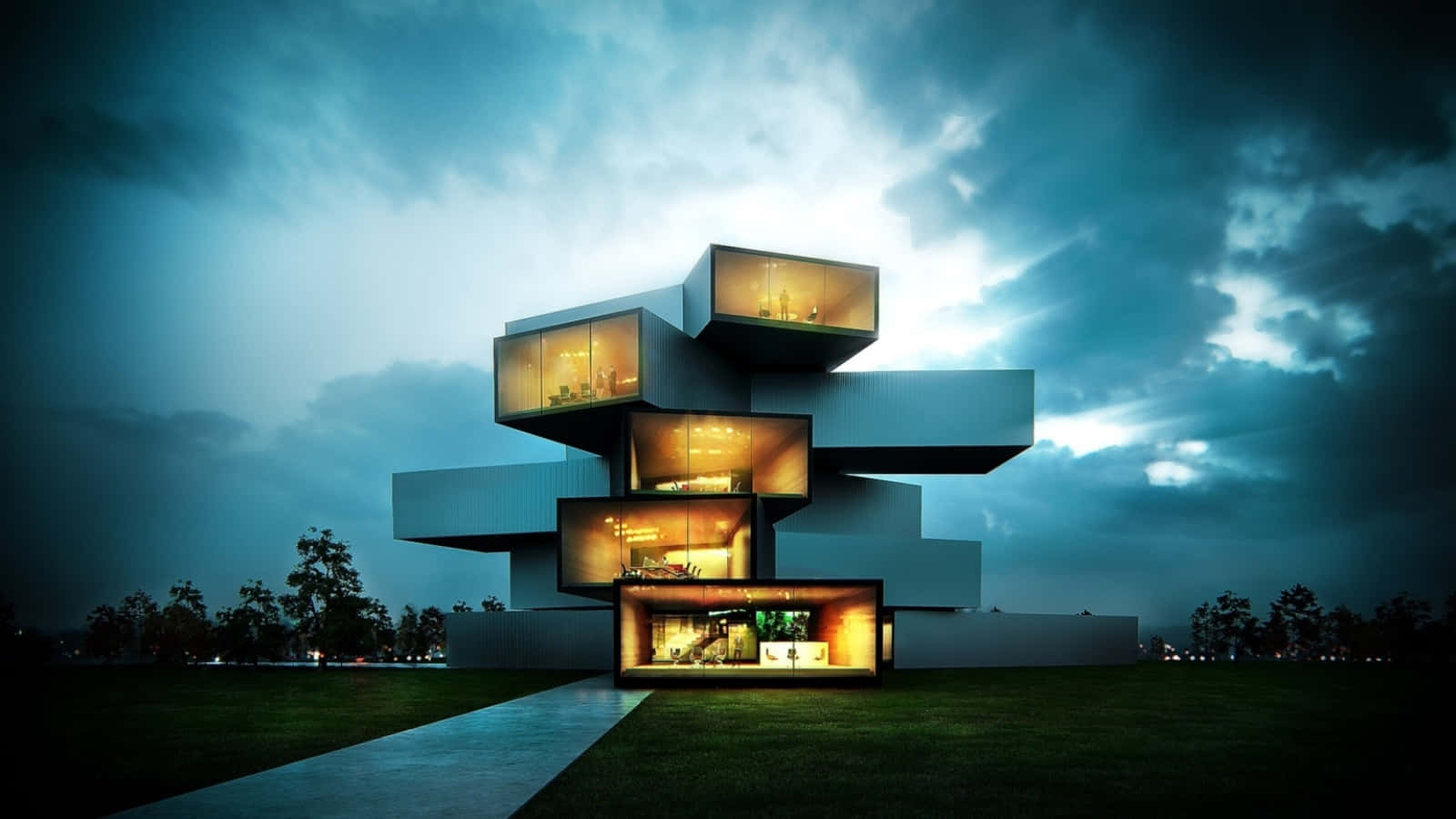 Modernism 桌布 壁紙 — 一座未來風格的幾何房屋，帶有發光的窗戶，矗立在戲劇性的暮色天空下。