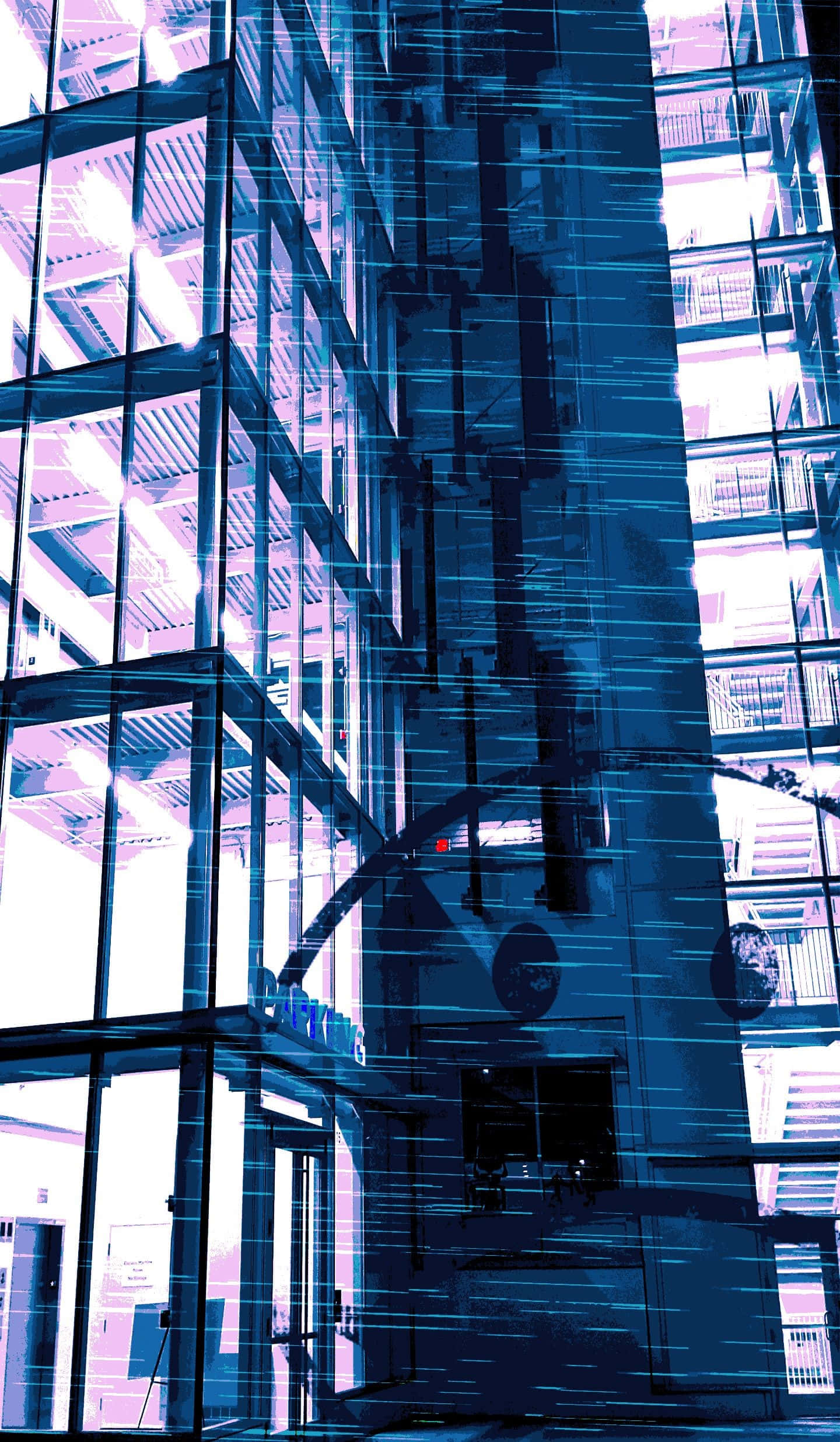 美學手機GIF 桌布 壁紙 — 一座未來風格的玻璃建築，夜間其反光表面上有霓虹藍和紫色的光條劃過。