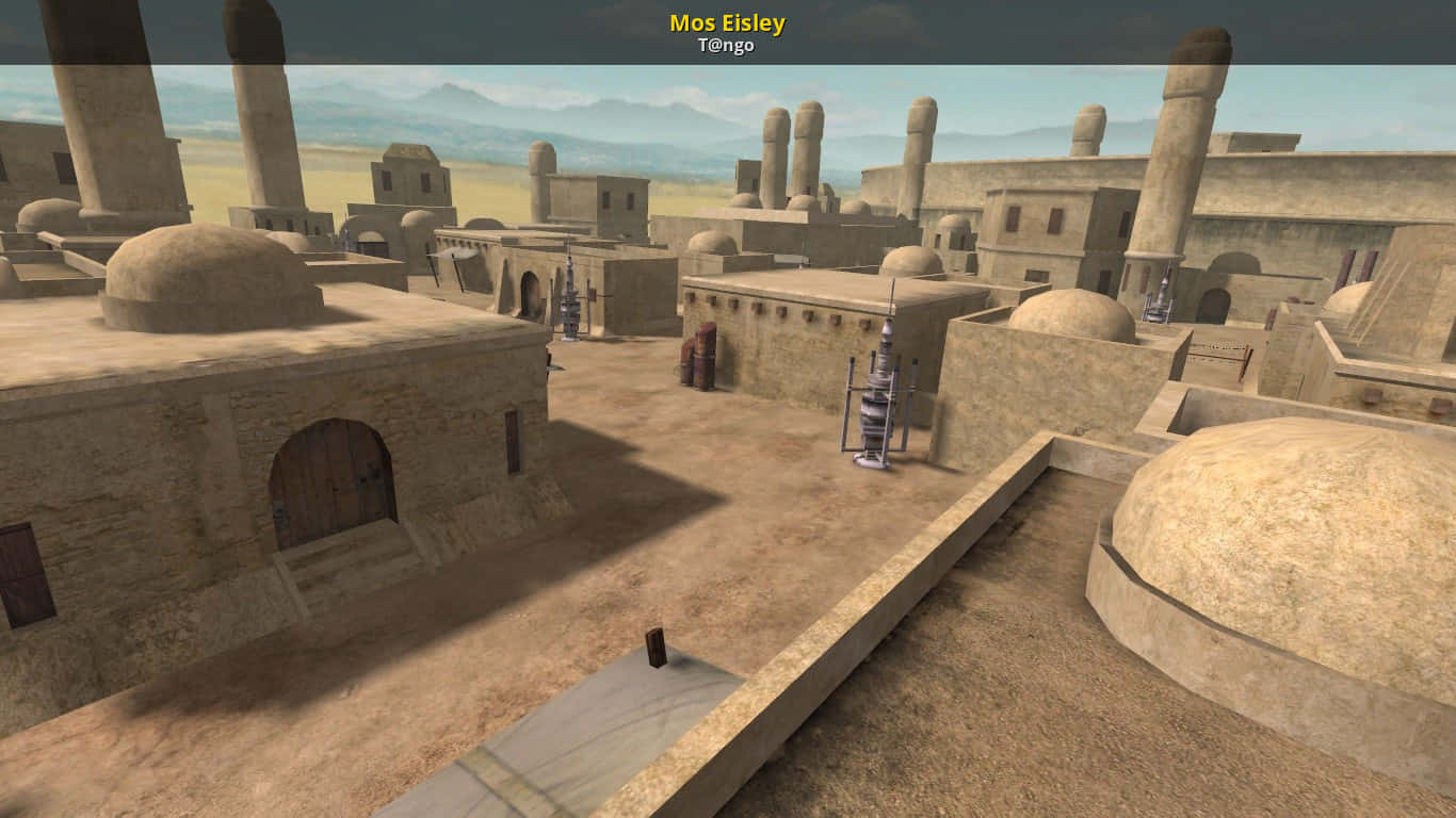 Mos Eisley 桌布 壁紙 — 一座沙漠小鎮，擁有沙色圓頂建築和高大的圓柱形塔樓，天空朦朧。