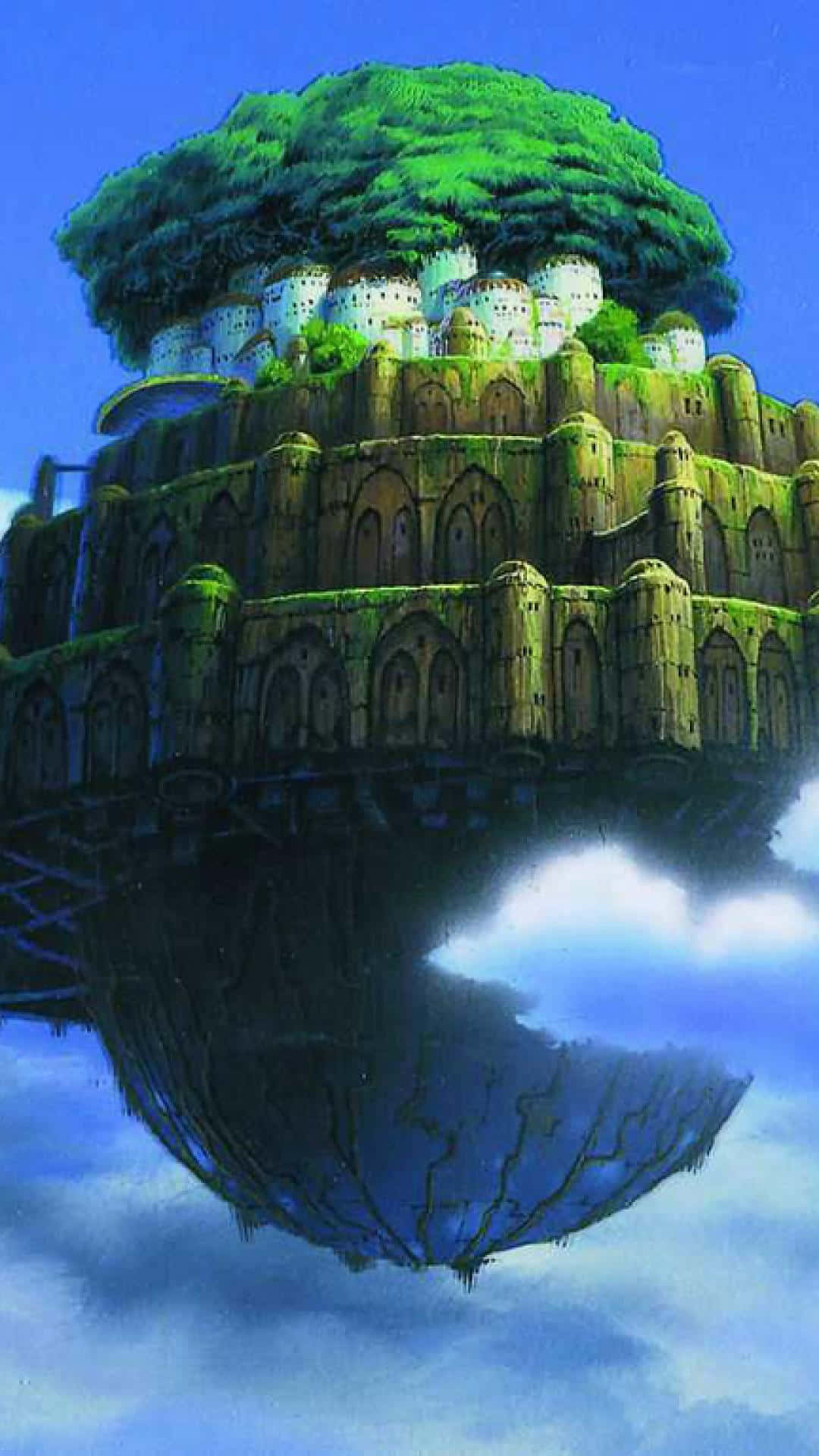 Laputa Castle In The Sky 桌布 壁紙 — 一座浮島堡壘，頂端有巨樹和白色建築，完美倒映在下面的雲海中。
