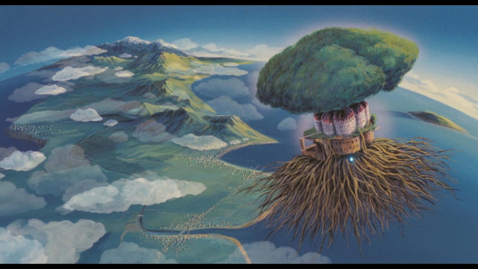 Laputa Castle In The Sky 桌布 壁紙 — 一座漂浮的樹屋，帶有蔓延的樹根，懸浮在雲海之上，俯瞰下方多山的島嶼。