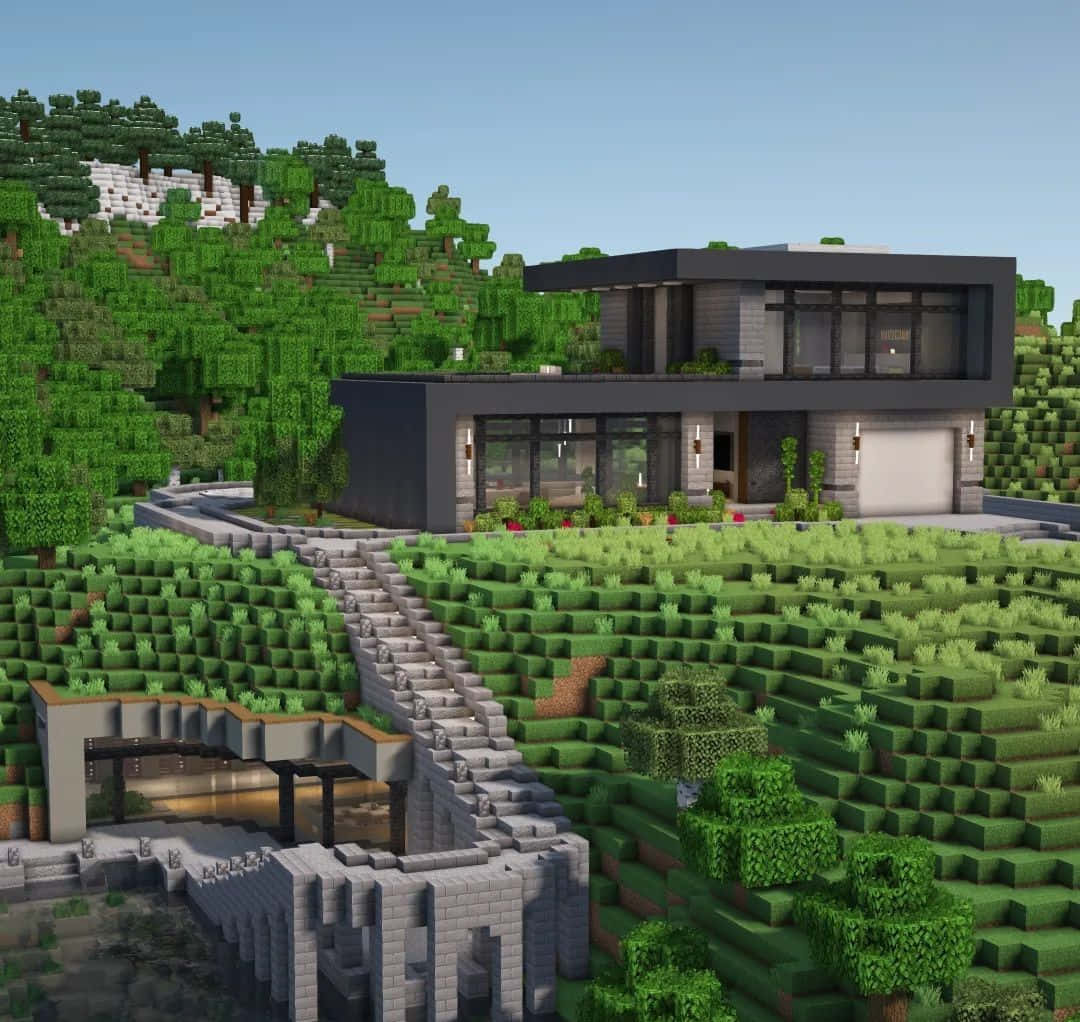 Minecraft Architecture 桌布 壁紙 — 一座現代Minecraft房屋坐落在長滿草的山坡上，石階蜿蜒通向玻璃入口。
