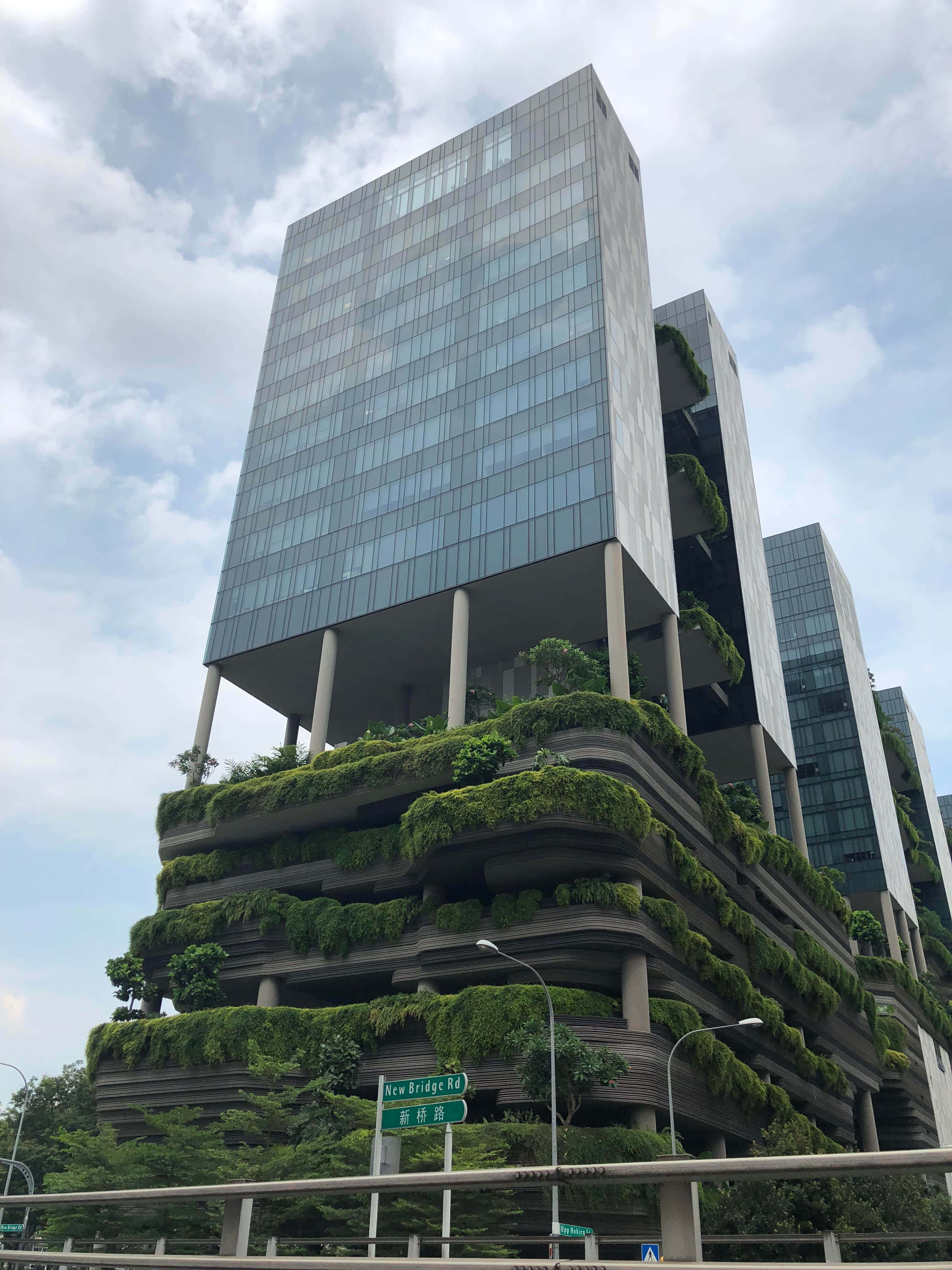 Green Buildings 桌布 壁紙 — 一座現代玻璃摩天大樓，擁有茂密的綠色露台，在陰天的城市環境中拔地而起。